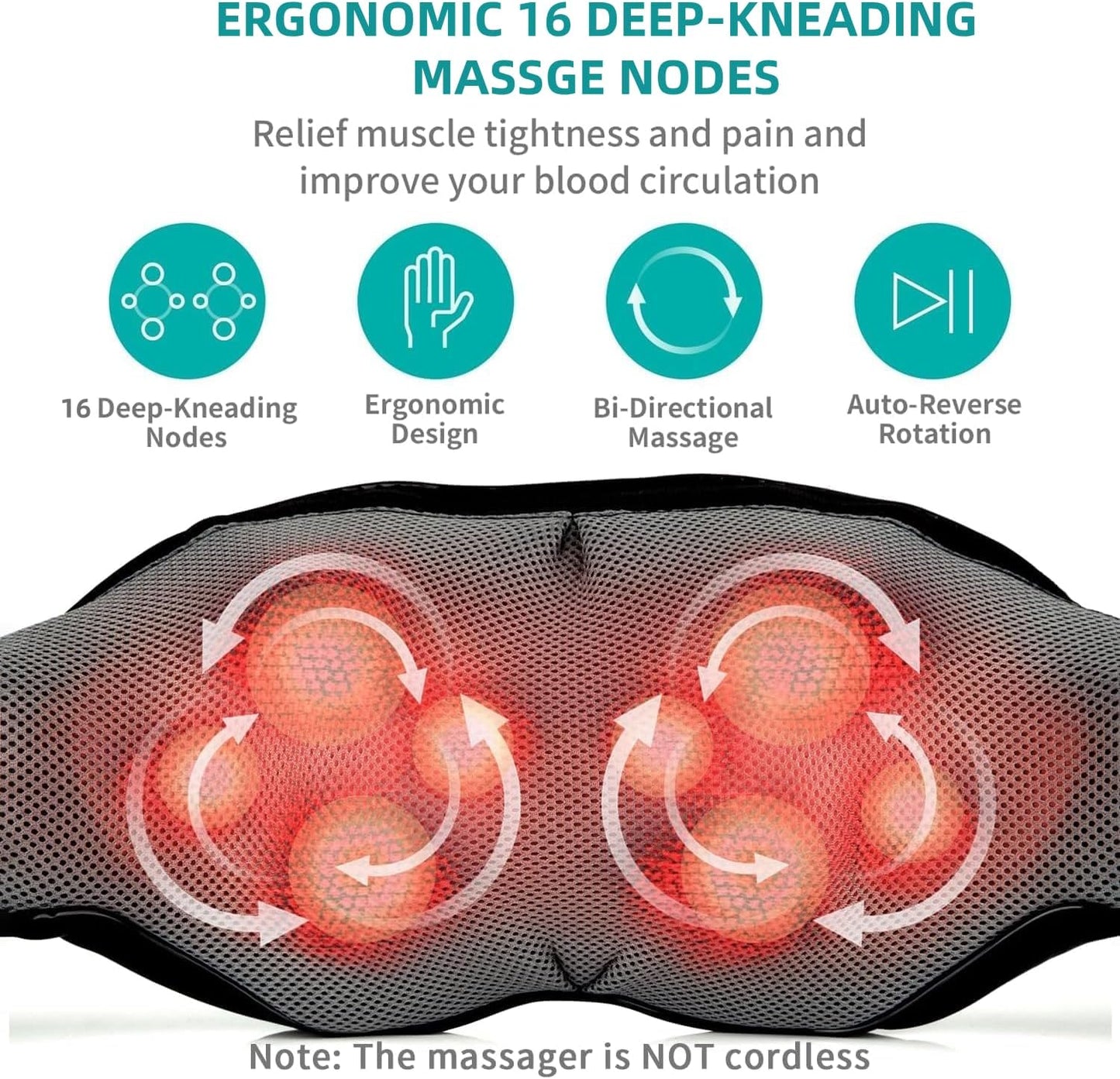 Nekteck Shiatsu Neck and Back Massager with Soothing Heat, Electric Deep Tissue 3D Kneading Massage Pillow for Shoulder Leg Full Body Muscle Pain Relief, Car Office and Home Use