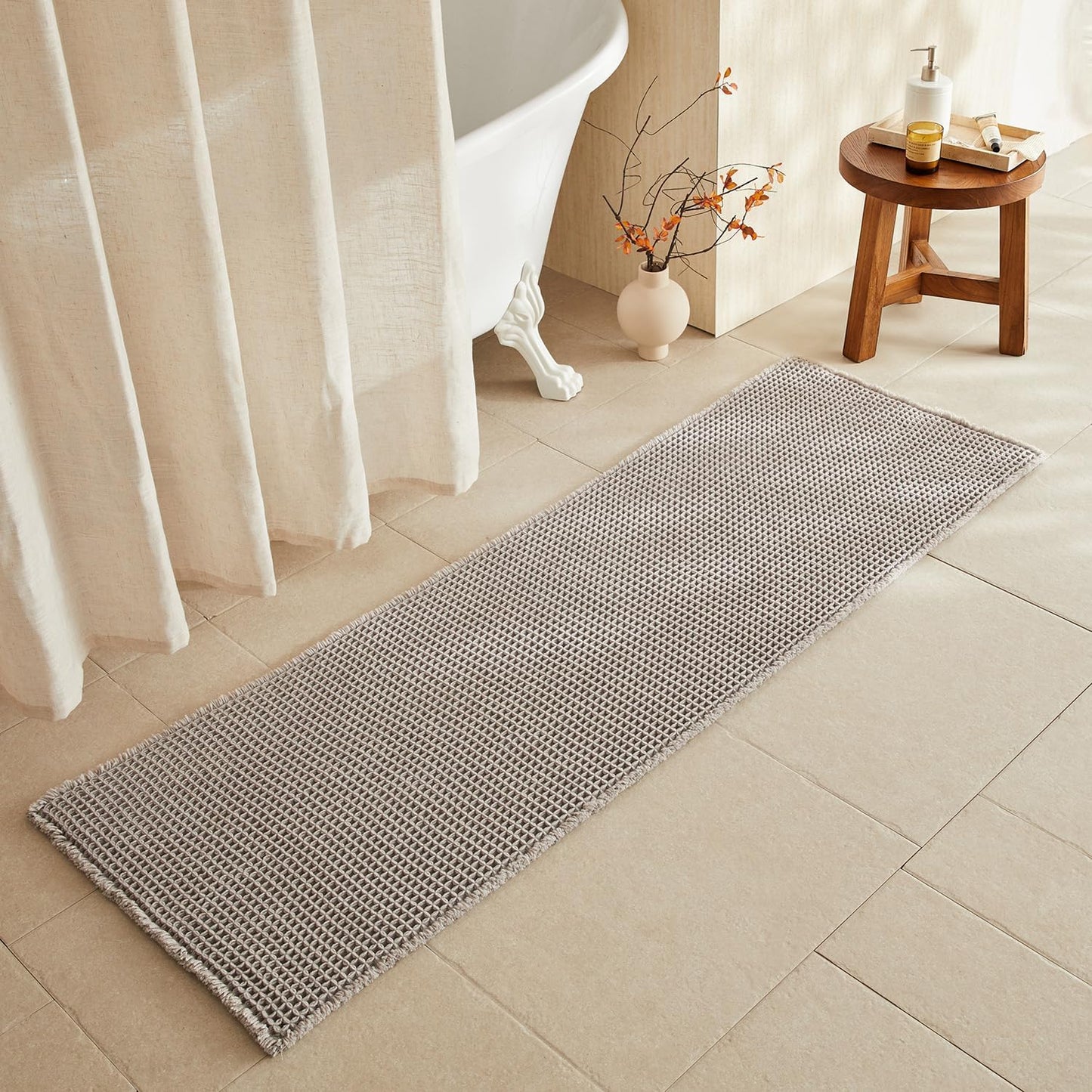 Waffle Runner Rug Bathroom, Long Boho Bathroom Rugs Non Slip Washable Super Absorbent Quick Dry Farmhouse Bath Decor, 72"x24" Light Grey
