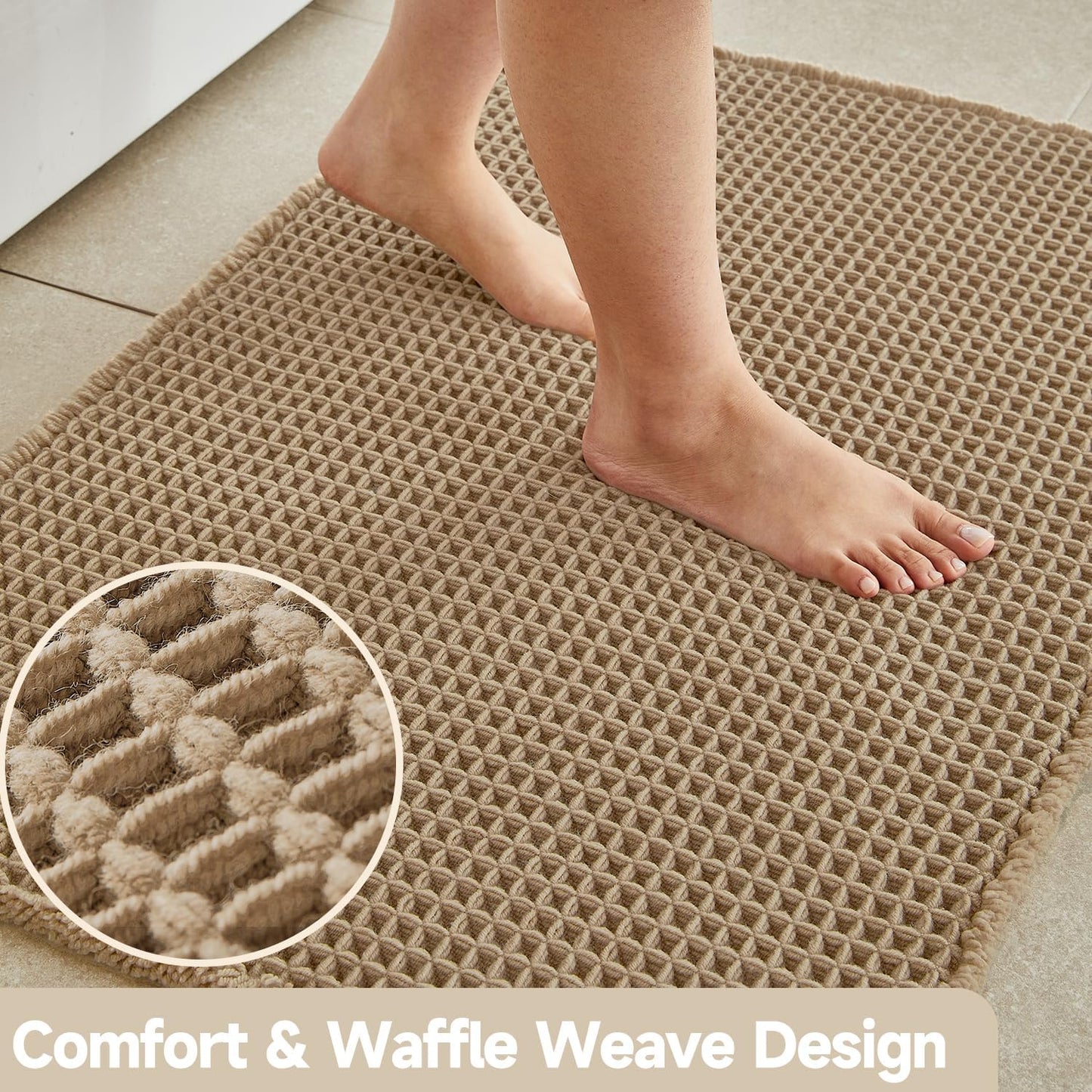 Waffle Bath Mat, Boho Bathroom Rugs Non Slip Washable Super Absorbent Quick Dry Farmhouse Bathroom Decor, 36"x24" Khaki