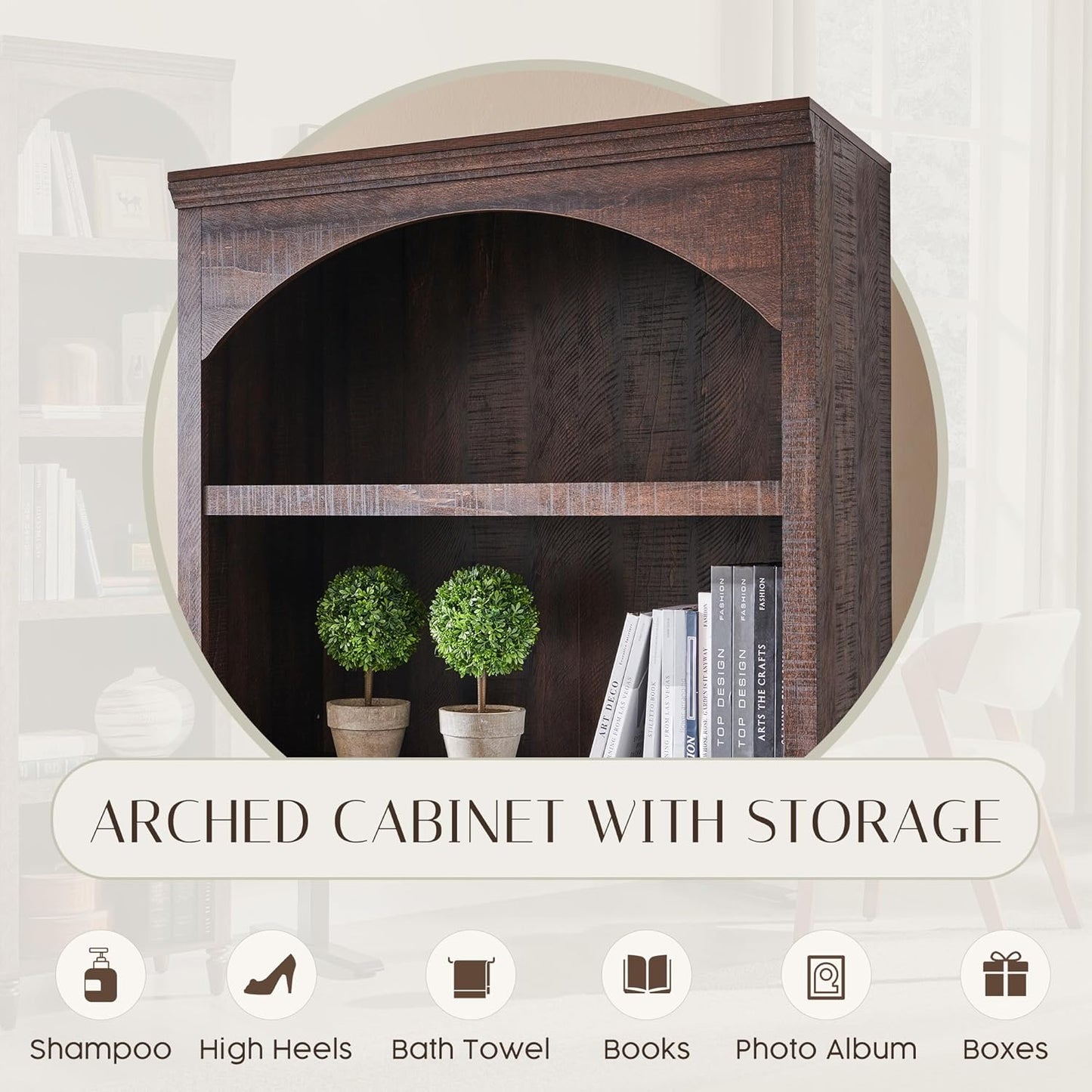 76" Tall Arched Bathroom Storage Cabinet, 5 Tiers Large Farmhouse Arched Cabinet w/Adjustable Shelves, Modern Wooden Storage Cabinet for Bathroom, Living Room, Entryway, Study Room (Brown)