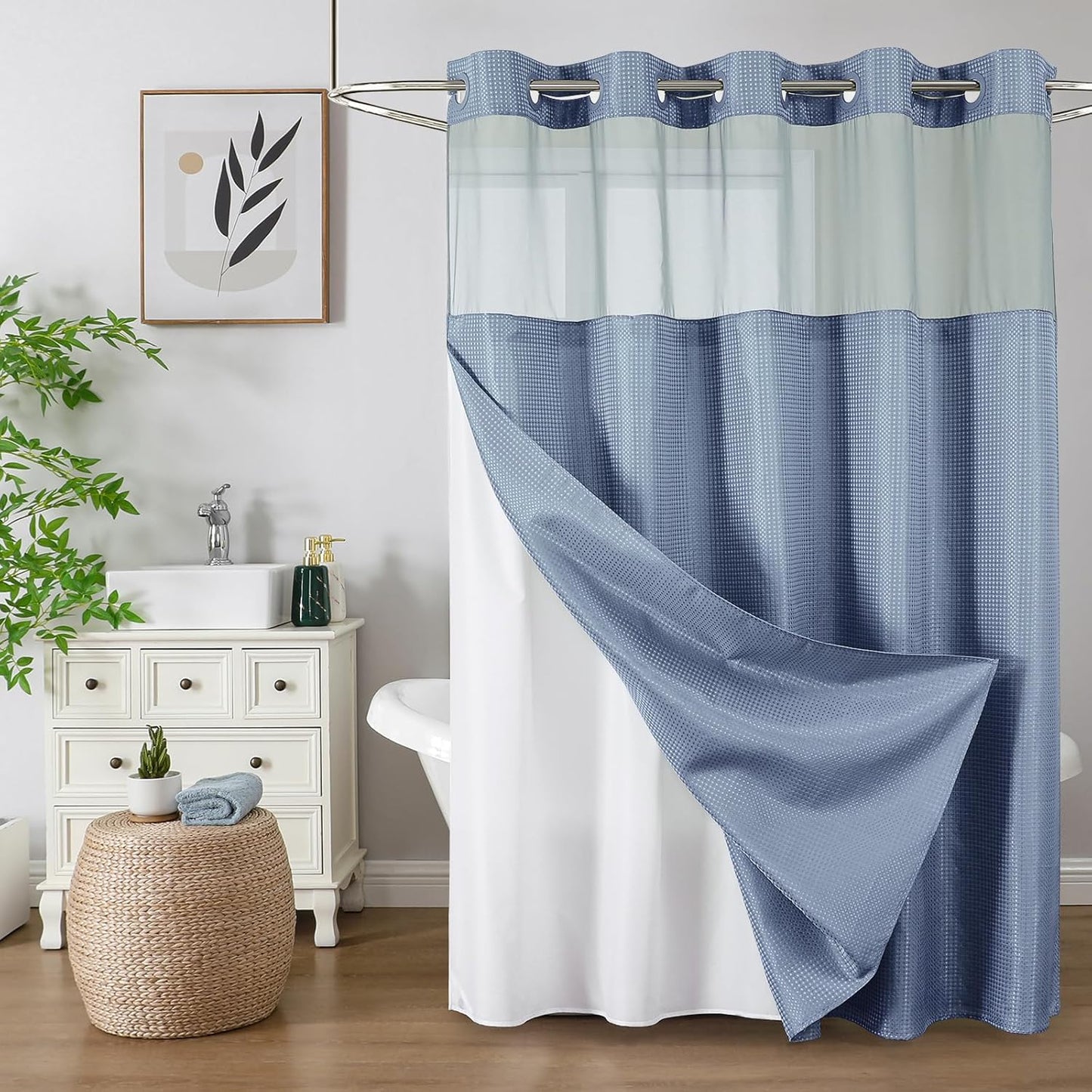 No Hook Shower Curtain with Snap in Fabric Liner, Waffle Weave Heavy Duty Thick Shower Curtains with Mesh Top Window, Hotel Style Waterproof Bathroom Curtain Set, 72 x 75 Inch, Moonlight Blue