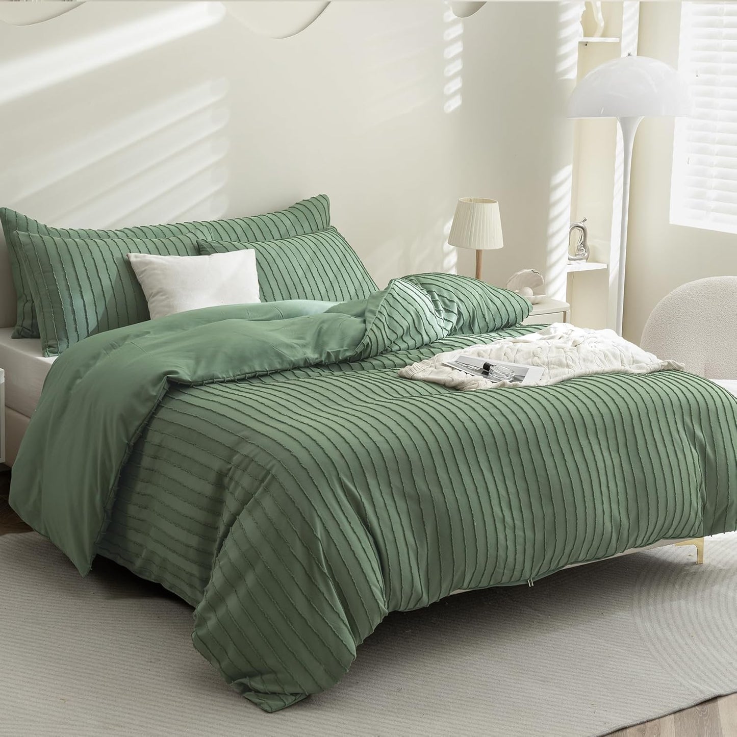 JELLYMONI Duvet Cover King Size Green - 3PCS Boho Striped Duvet Cover Set Polyester Tufted Bohemian Textured Comforter Cover 104×90in with Corner Ties & Zipper and 2 Pillowcases