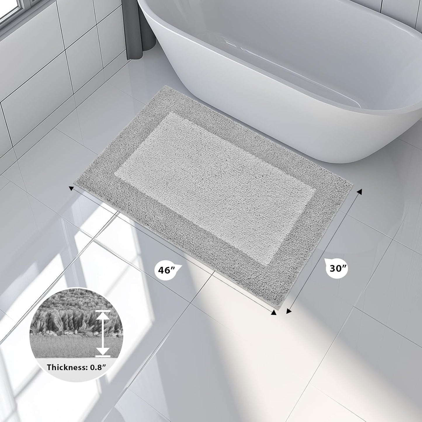Bathroom Rugs 30" x 46", Non-Slip Extra Soft Absorbent Bath Rugs, Machine Washable Quick Dry Bath Mats for Bathroom Floor, Shower, Bathtub and Sink, Light Grey & Grey