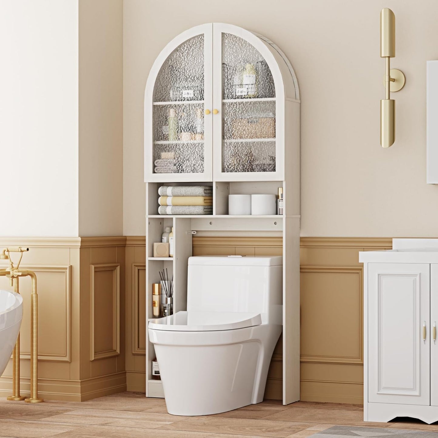 Over The Toilet Storage Cabinet, 29.7”W Modern Storage Cabinet Over Toilet with Acrylic Doors, Arched Freestanding Over Toilet Rack with Adjustable Shelf for Bathroom, Antique White