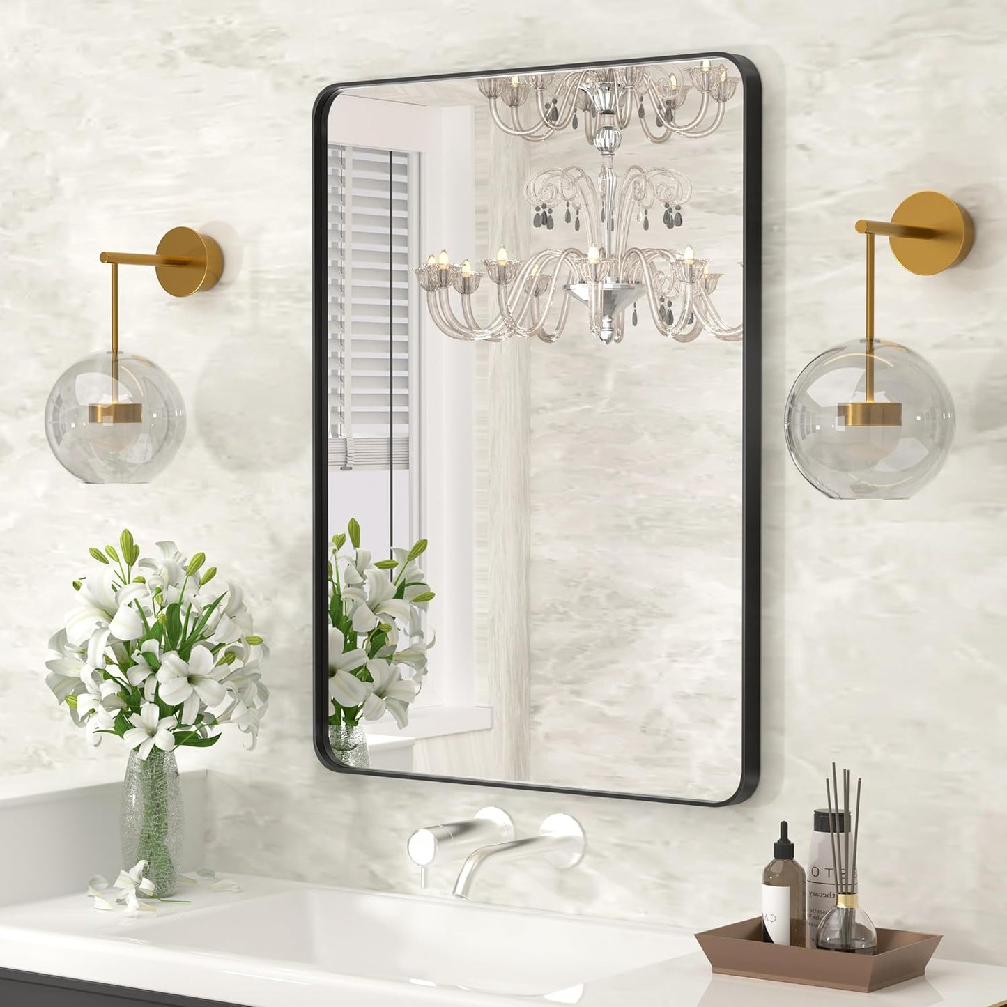 Kosmonia 30x22 Bathroom Vanity Mirror for Wall, Aluminum Framed, Farmhouse Rectangle, Anti-Rust, HD Reflection Anti-Desilvering, Distortion Free, Tempered and Shatter-Proof Wall Mounted Mirror, Black