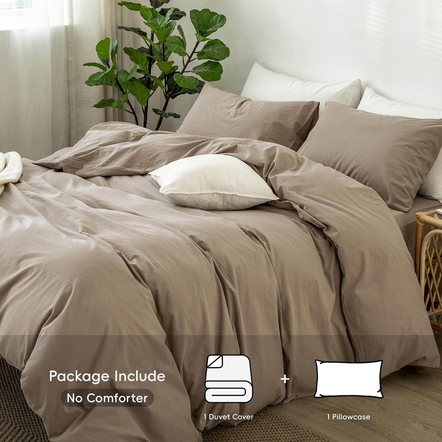 MooMee Bedding Duvet Cover Set 100% Washed Cotton Linen Like Textured Breathable Durable Soft Comfy (Solid Mocha Brown, Twin 68"x90")