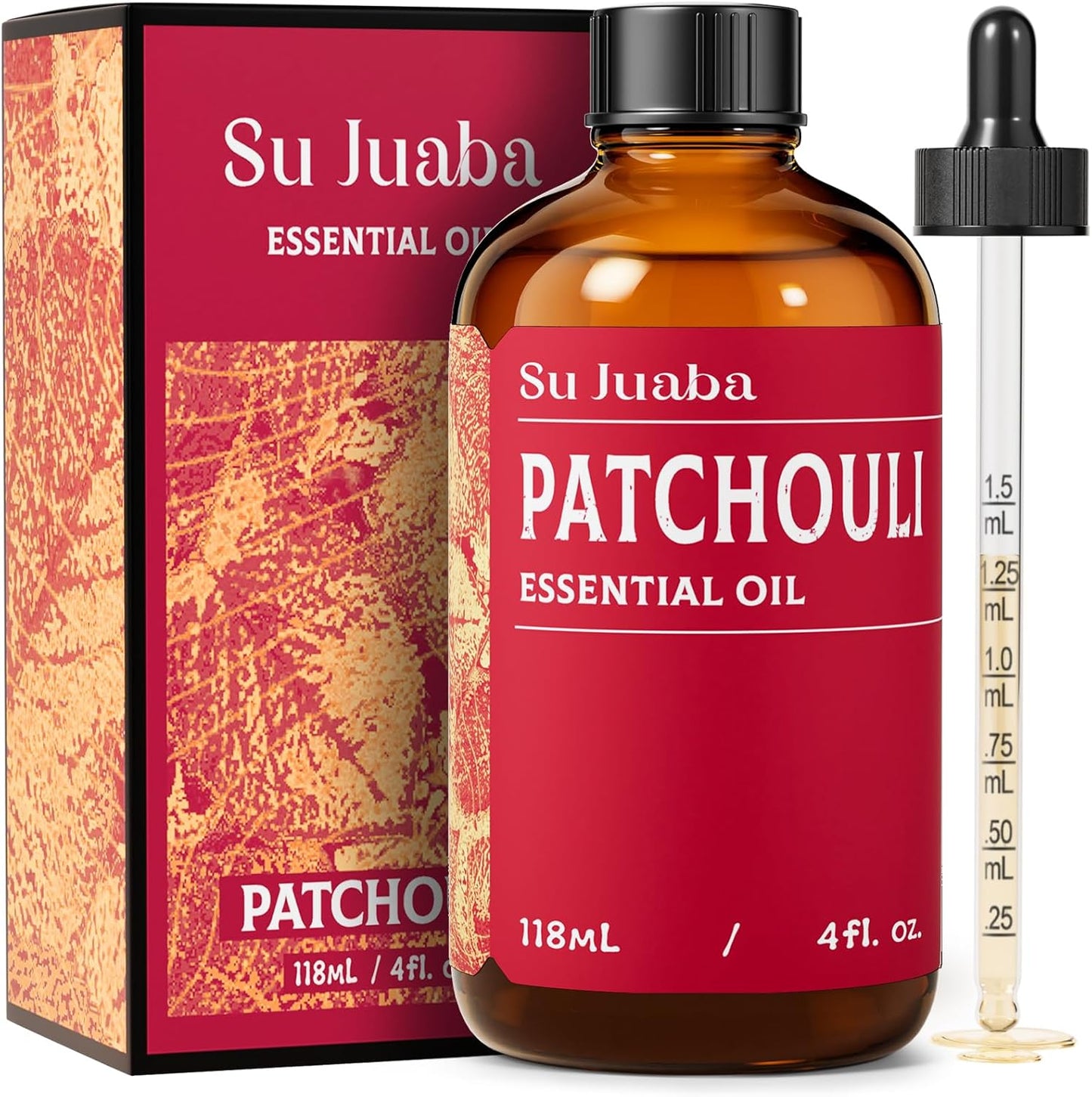 SU JUABA Patchouli Essential Oil 4 Fl Oz, 100% Pure Natural Aromatherapy Oil for Diffuser, Skin Care, Perfume & Soap Making - 118ML