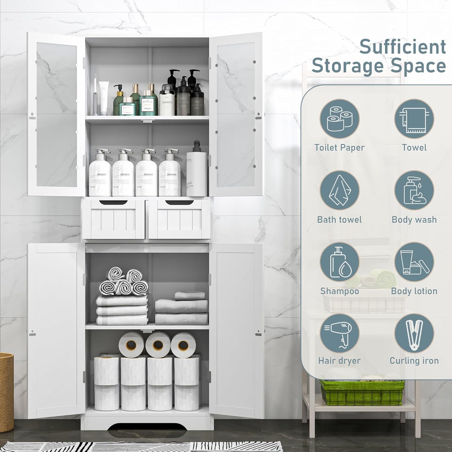 67" Tall White Bathroom Cabinet Storage Cabinet, Freestanding Storage Cabinet with Glass Door and Adjustable Shelves, Bathroom Cabinet for Living Room, Kitchen, Dining, White