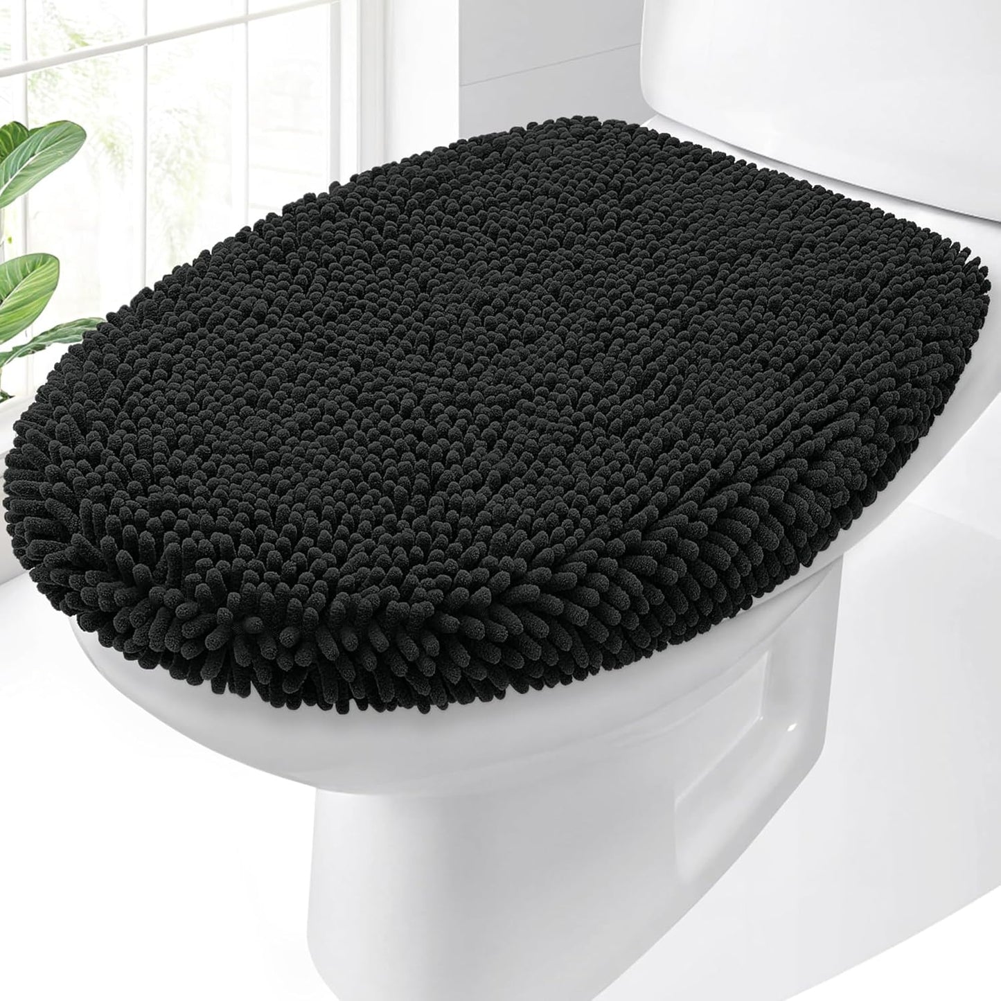 OLANLY Soft Chenille Bathroom Toilet Lid Cover, Machine Washable Seat Covers, 17.5x15, Stays in Place Rubber Backing, Fits Most Round, Elongated and Oblong Lids, Accessories Decor, Black