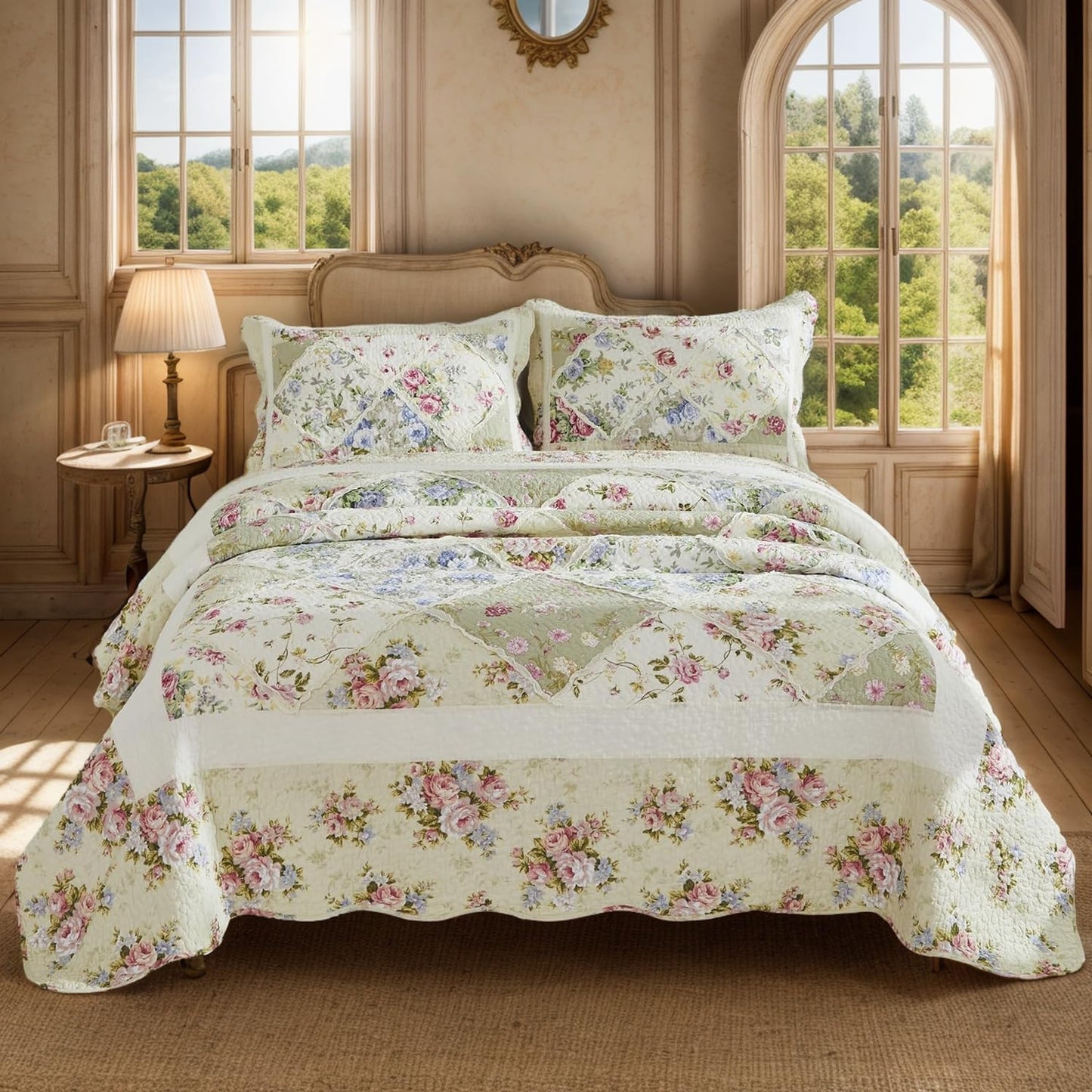 Brandream Patchwork Quilts Cotton Queen Size Country Rustic Rose Floral Bedding Coverlet Set 3-Piece Pale Yellow