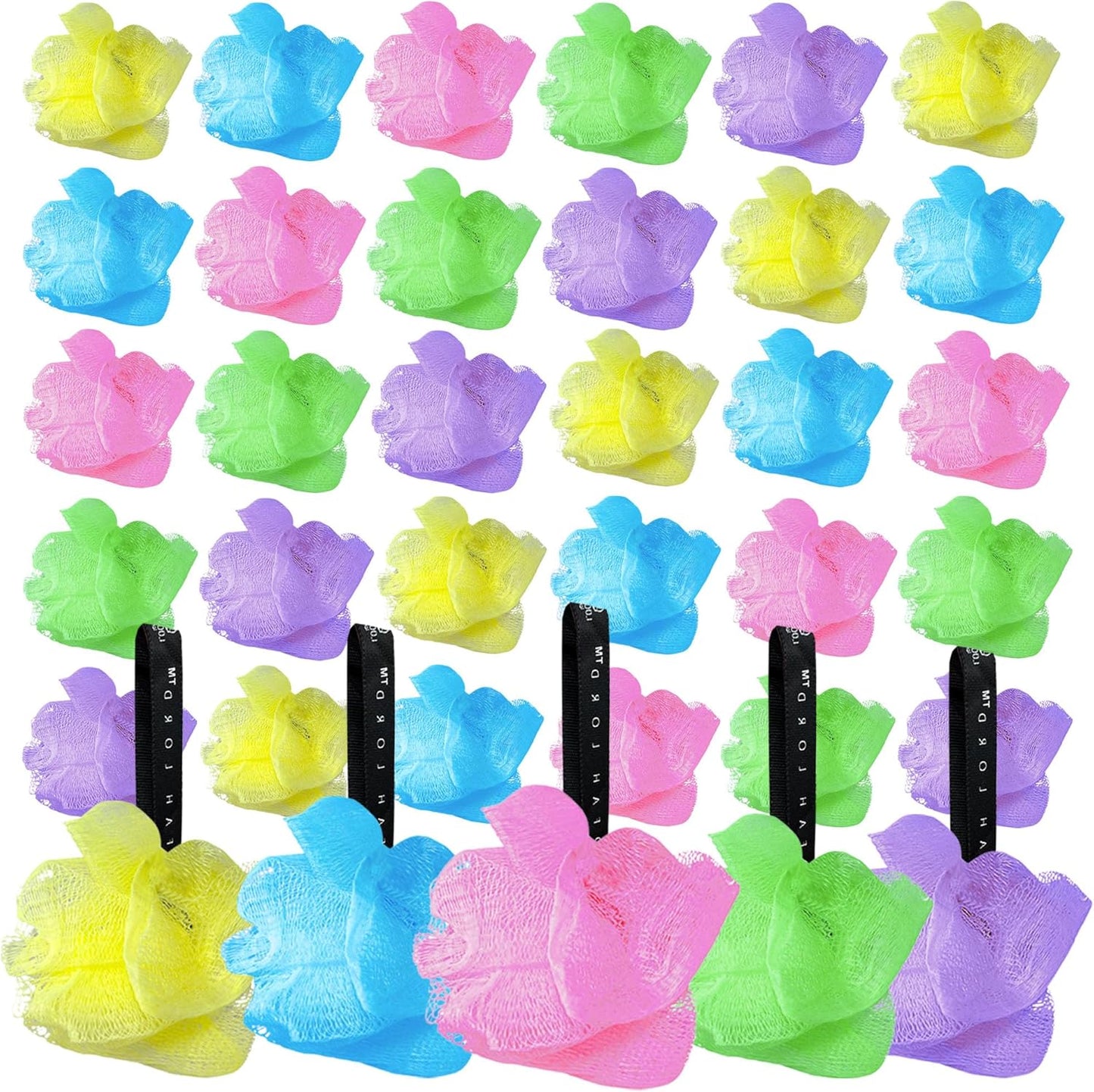 30 Mini Full Bodied Quality Bath or Shower Sponge Loofahs Pouf Mesh Assorted Colors Wholesale Bulk Lot