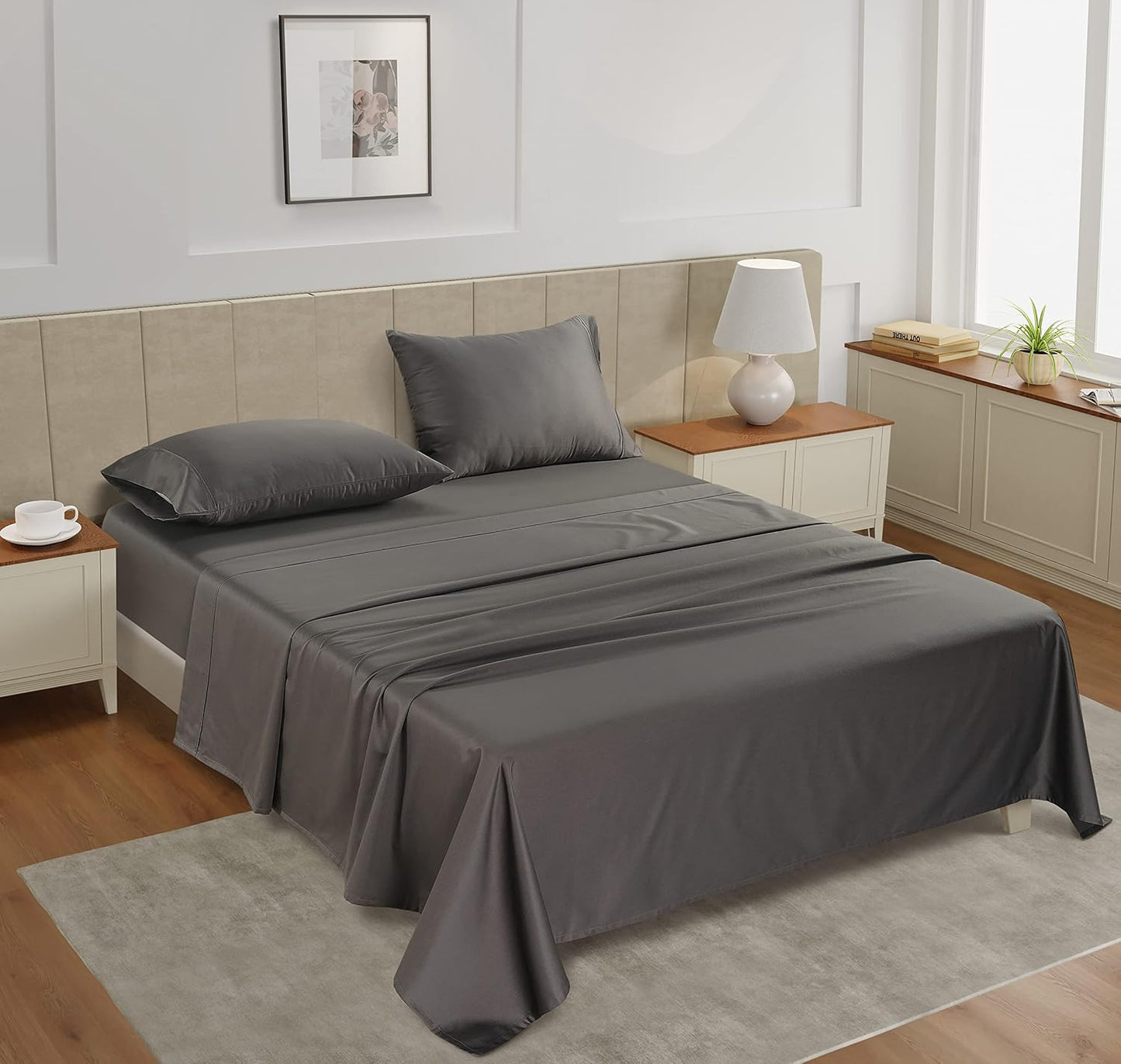 LANE LINEN 100% Cotton Sheets King Size – 450 Thread Count King Size Sheets, Hotel Luxury Soft Silky Sateen Weave, Gentle on Body, Fully Elasticized 15" Deep Pocket, Machine Washable – Charcoal