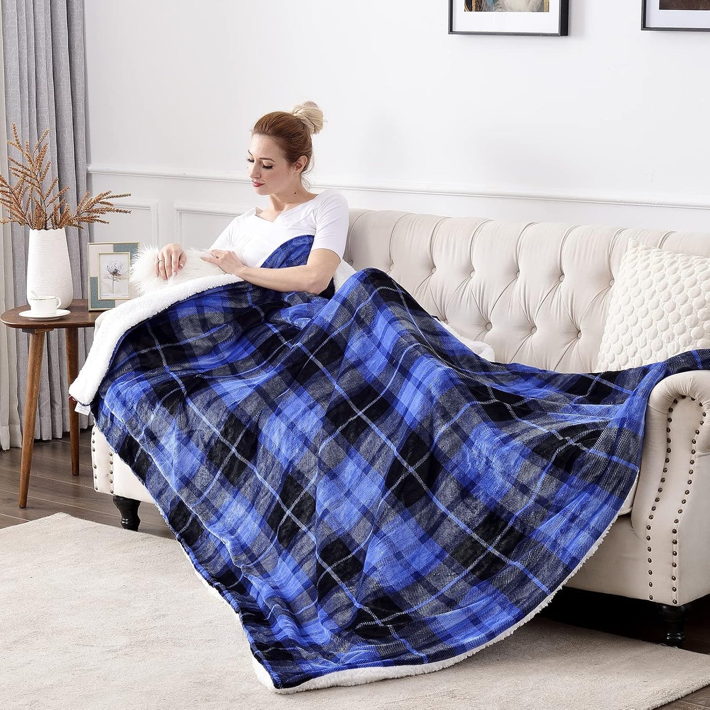 SOCHOW Sherpa Plaid Fleece Throw Blanket, Double-Sided Super Soft Luxurious Bedding Blanket 50 x 60 inches, Blue