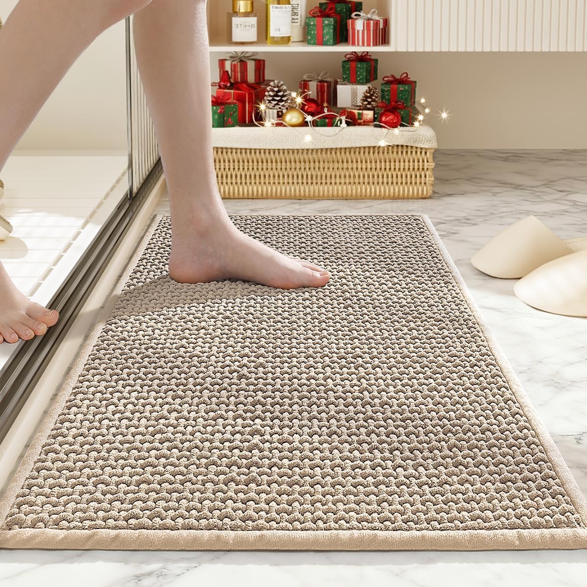 Bathroom Rugs Non Slip Washable, Super Absorbent Thin Bath Mat for Small Quick Dry Low Pile Bathroom Rug, (Khaki, 36″x24″)