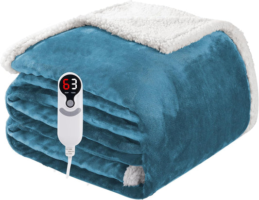 Electric Heated Blanket Twin Size 62"x84", Soft Flannel with Overheat Protection, 6 Adjustable Heat Settings & 10-Hour Auto-Off Timer, Fast Heating for Winter Comfort, Blue