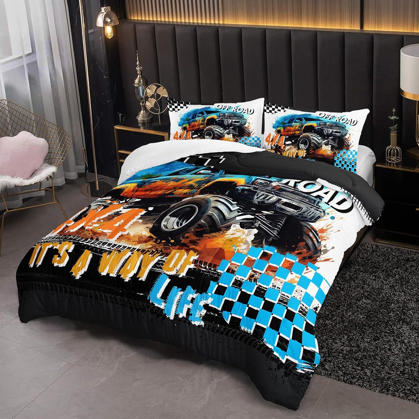 Off Road Truck Comforter Queen Size for Boy，Off Road Truck Bedding Queen Size，with 1 Comforter with 2 Pillow Case，Off Road Truck Bedroom Decor