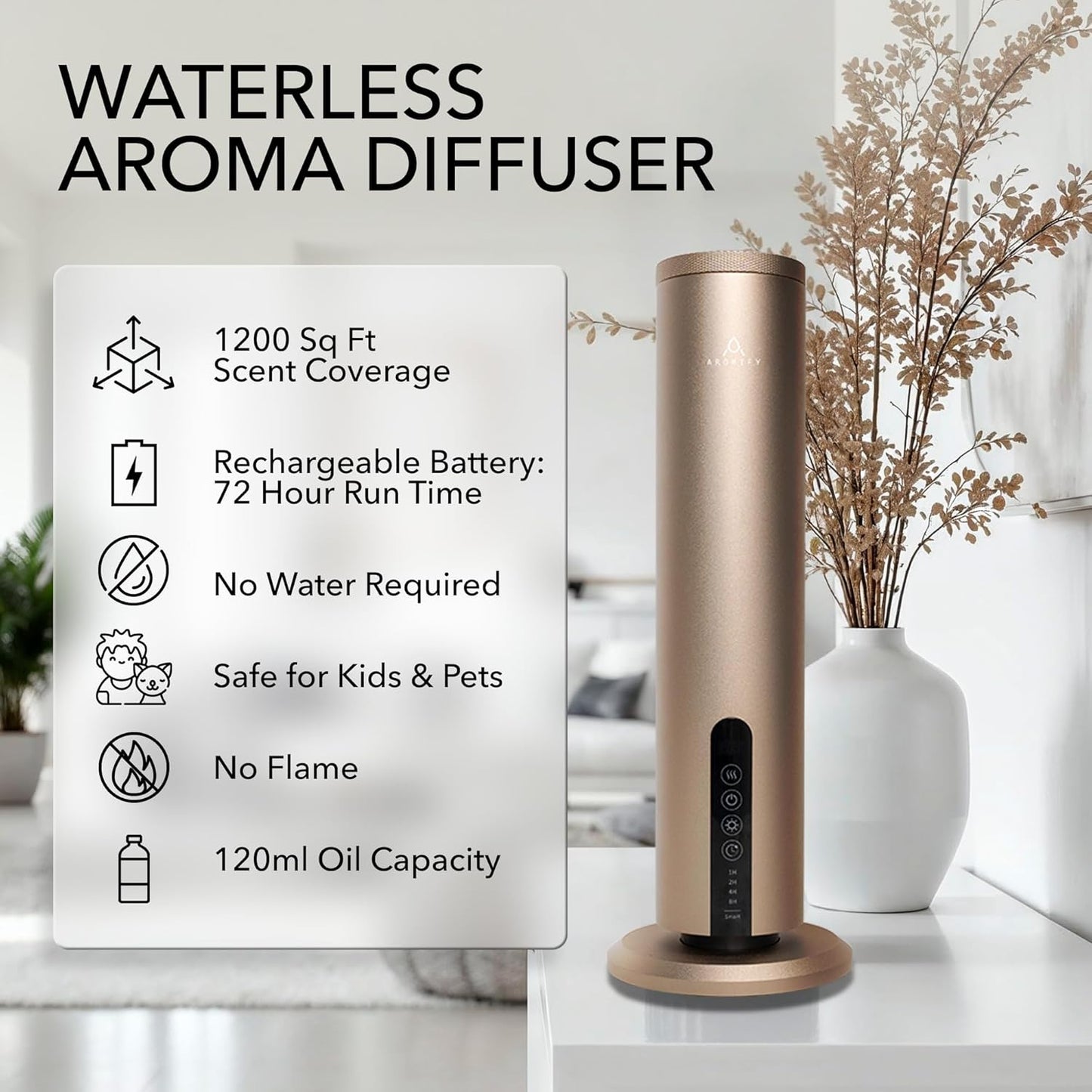 Breeze Diffuser for Home, Office & Spa, Scent Diffuser with Timing Controls, Wireless, Bluetooth Enabled, Safe for Pets & Kids, 1200 Sq Ft Coverage, No Residue, Gold (Oil Sold Separately