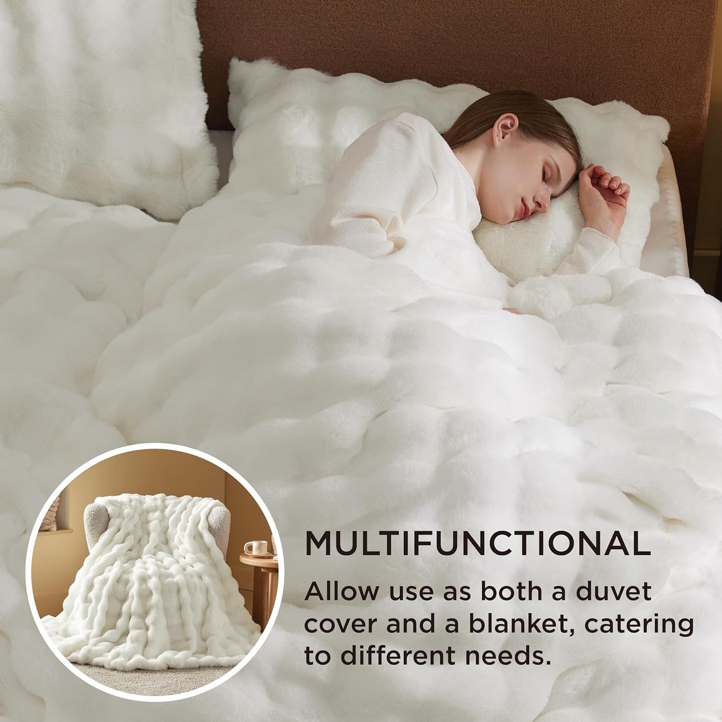 Bedsure Luxurious Faux Fur Duvet Cover Queen Size Set - Ultra Soft & Fluffy & Cozy & Warm - Elegant Shaggy Bubble Design Bedding with Duvet Cover and Pillow Shams, Coconut White