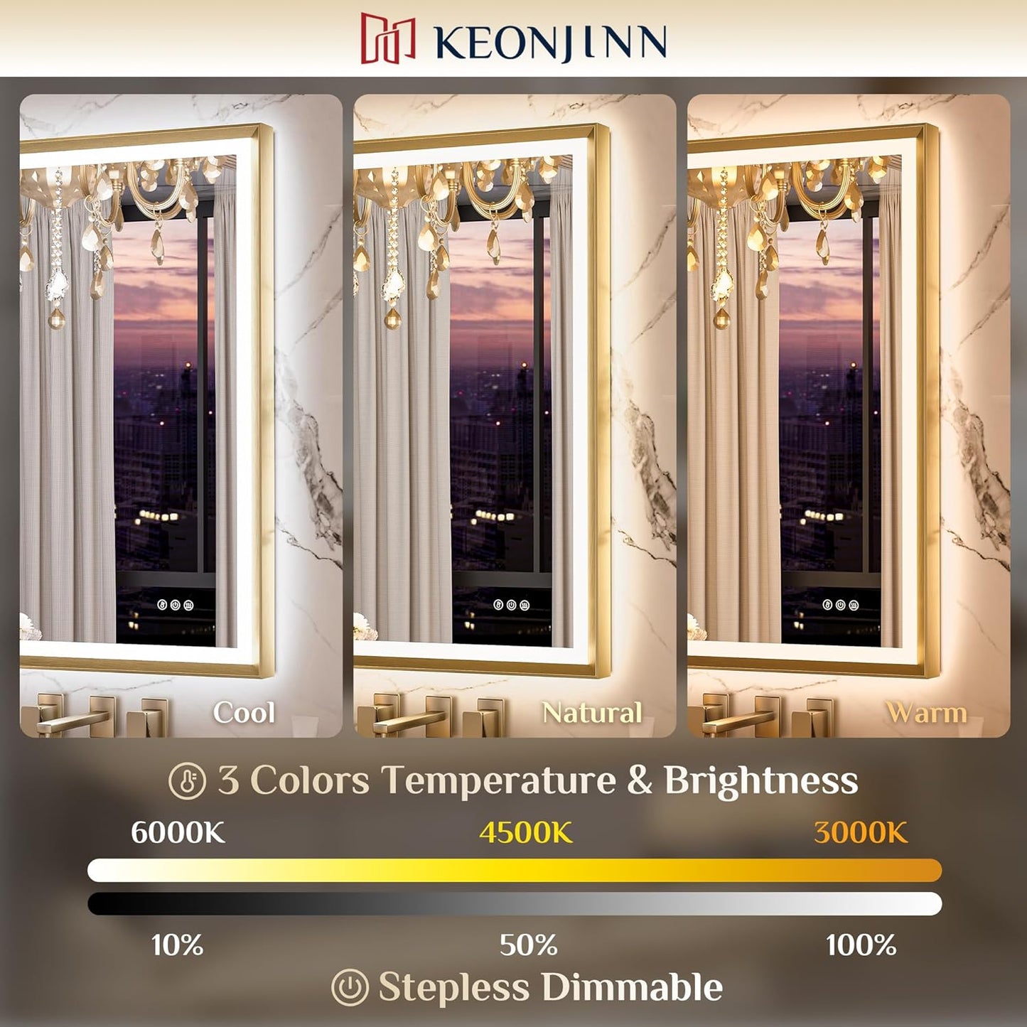 Keonjinn 42” x 36” LED Bathroom Mirror with Frontlit & Backlit, Gold Metal Framed Beveled Edge Mirror for Wall, LED Mirror with Anti Fog, Stepless 3-Color Temperature, UL-Listed LED Driver