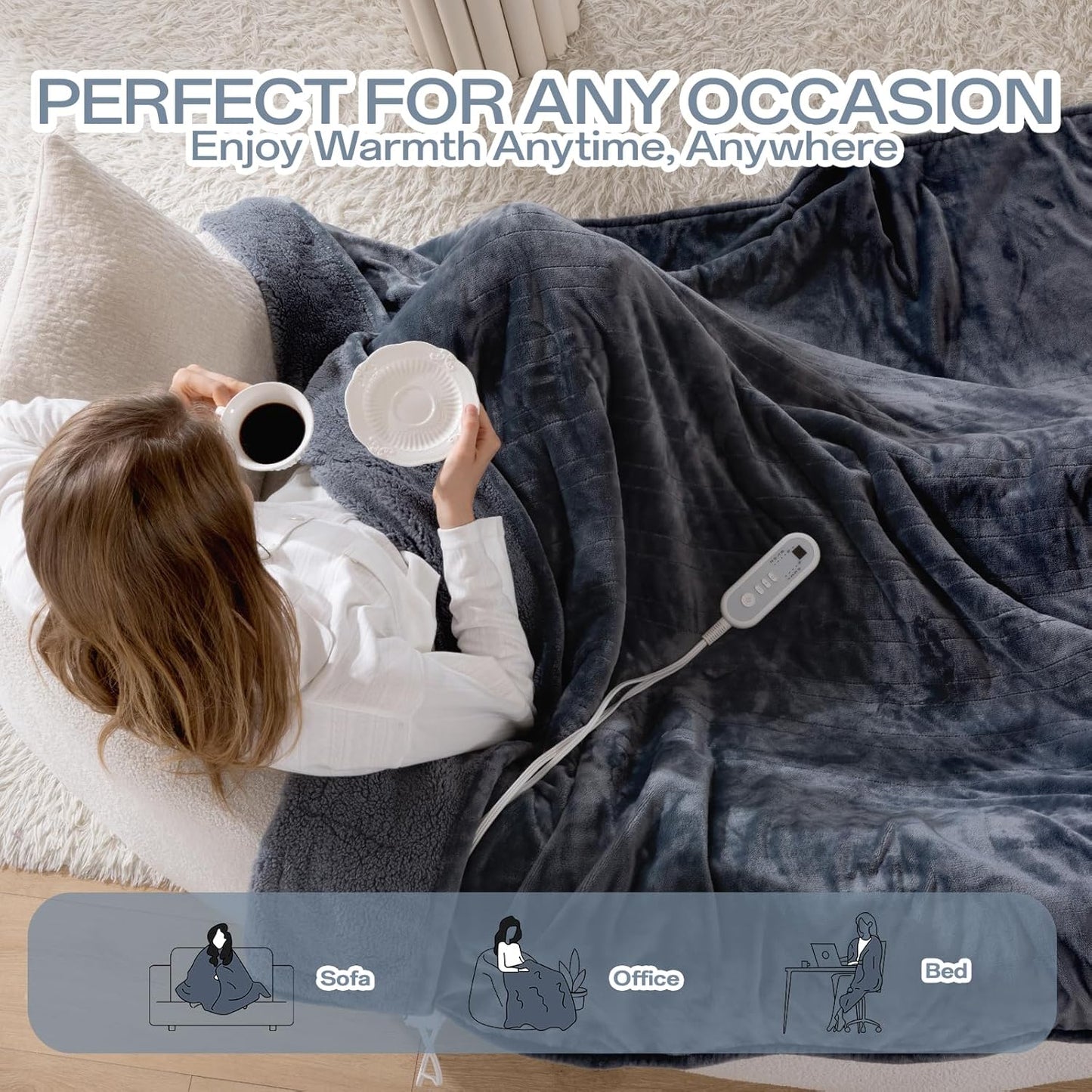 Full Size Electric Blanket Heated, Double-Sided Flannel＆Sherpa Heated Blanket with 8 Heat Levels & 10 Hours Auto Off, Fast Heating Blankets Machine Washable with ETL & FCC Certified,Light Grey