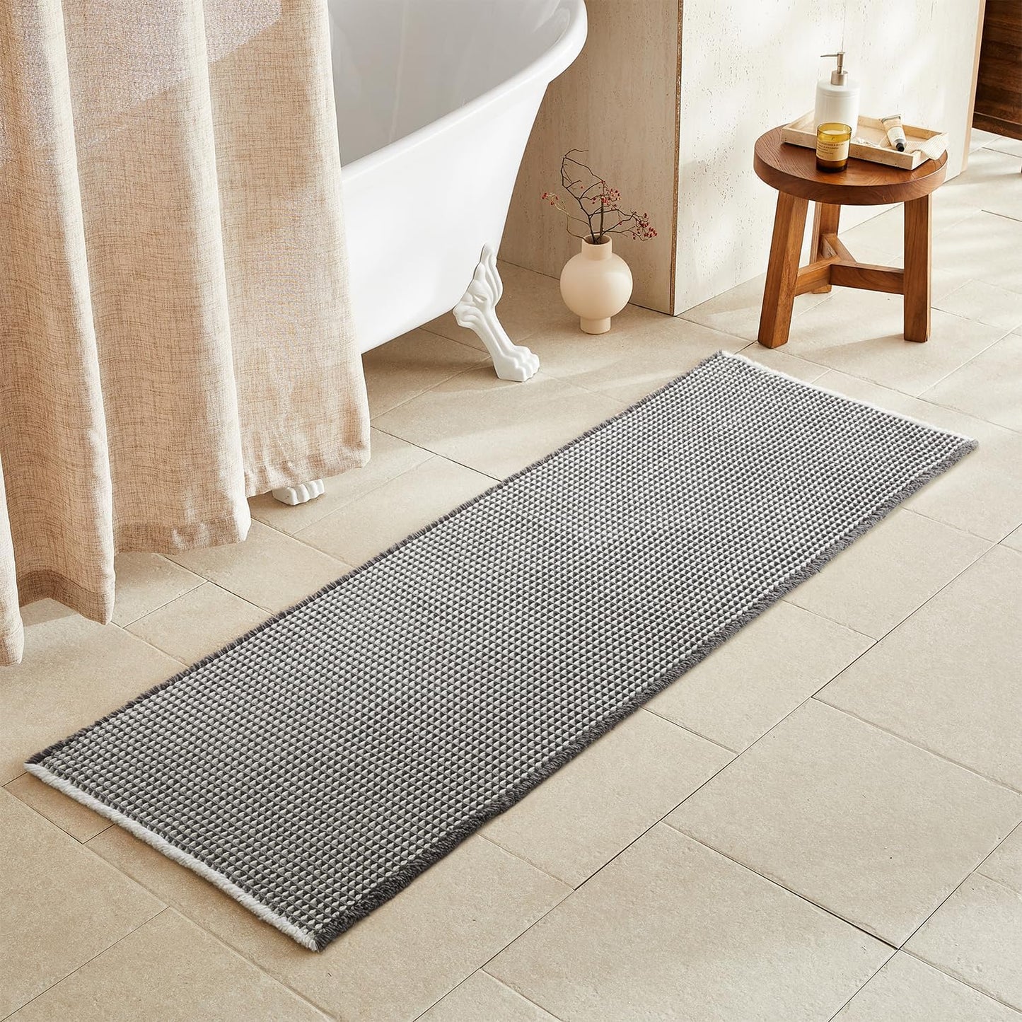 Waffle Runner Rug Bathroom, Long Boho Bathroom Rugs Non Slip Washable Super Absorbent Quick Dry Farmhouse Bath Decor, 72"x24" Grey and White