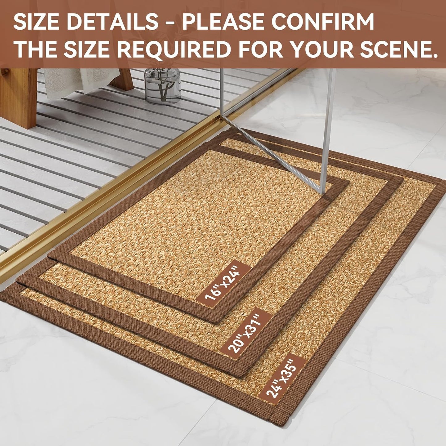 Bath Mat Bathroom Rugs Non Slip Washable, Soft Jute-Like Ultra Thin Bath Mats, Rubber Backing Super Absorbent Quick Dry Thin Bath Rug Shower Mat Fit Under Door Bathroom Tub Floor, Brown 20"x32"