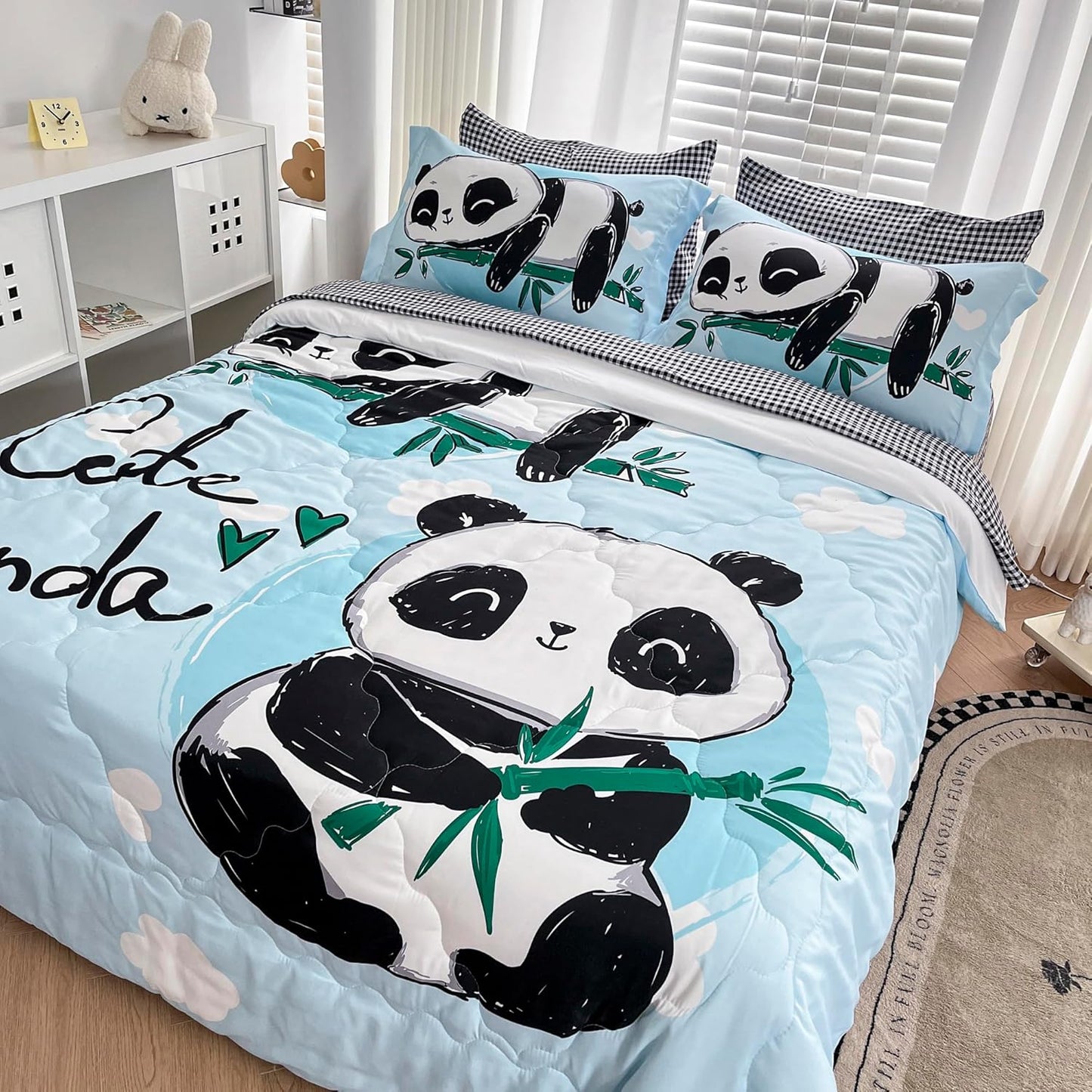 Wajade Kids Panda Comforter Set Bed in A Bag Full Size 7 Piece Blue 3D Cute Panda Bamboo Clouds Bedding Set for Girls Boys (1 Comforter, 1 Flat Sheet, 1 Fitted Sheet, 2 Pillowcase and 2 Pillow Sham)