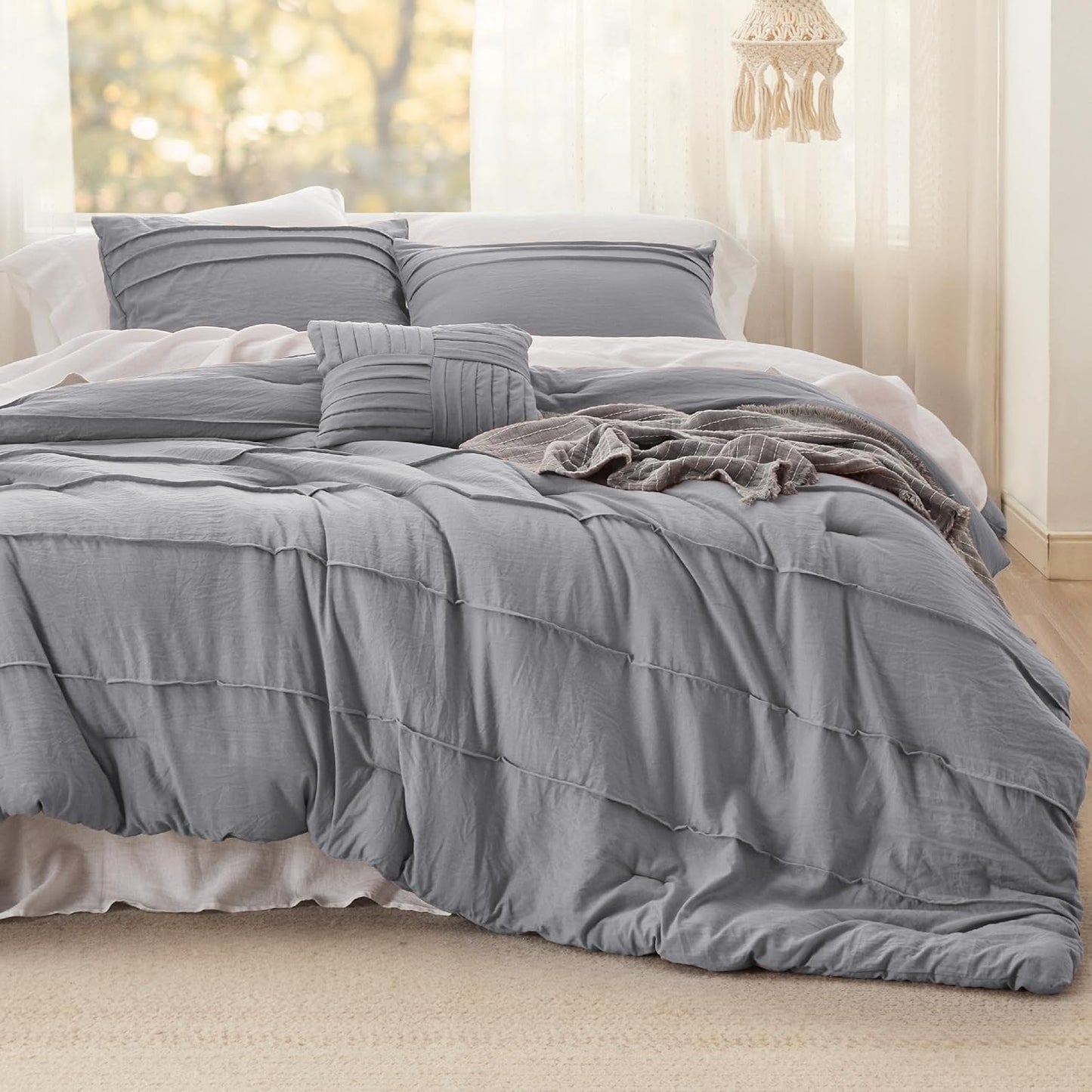 Bedsure King Comforter Set - 4 Pieces Pinch Pleat Bed Set, Grey Boho Bedding for All Season, 1 Soft Comforter, 2 Pillowcases, 1 Decorative Pillow