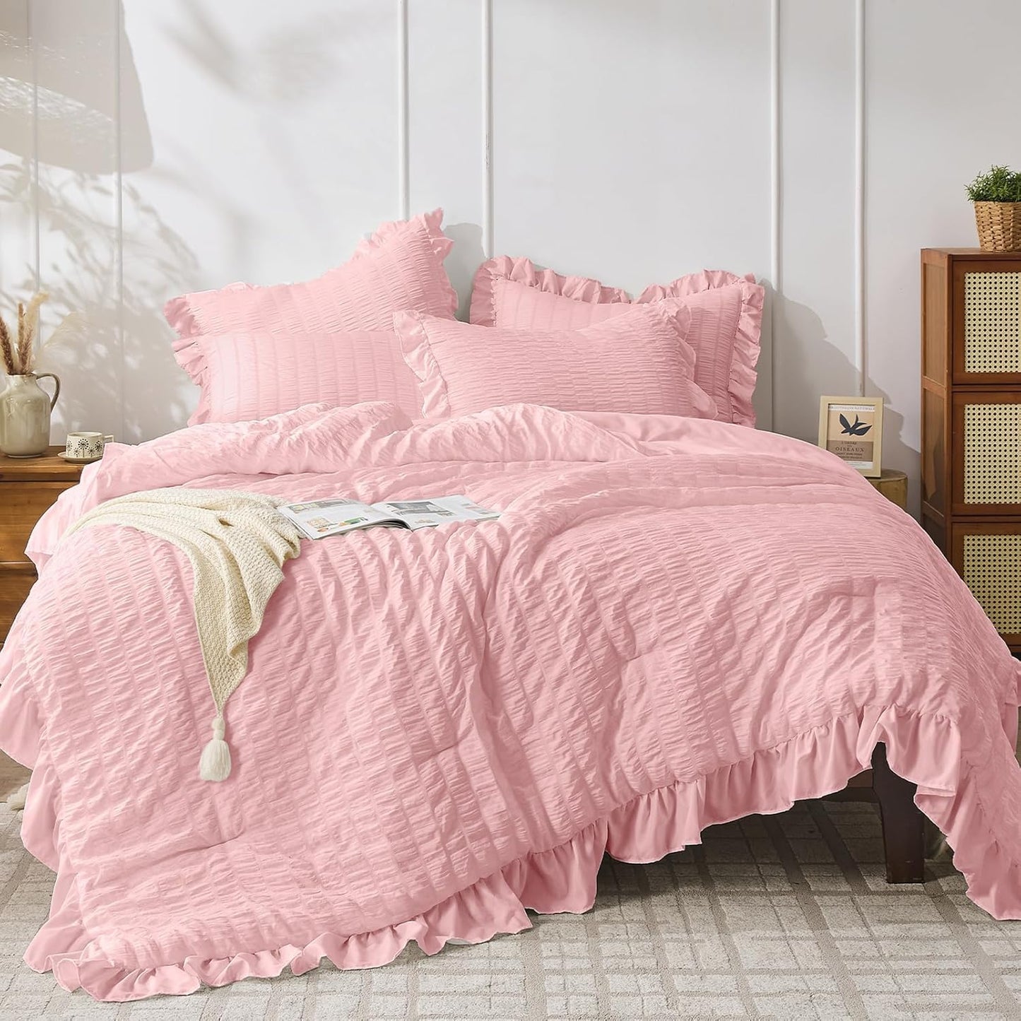 JOLLYVOGUE Pink Seersucker Queen Comforter Set, 3 Pieces Bed in a Bag Comforter Set, Lightweight & Fluffy Bedding Sets Queen for All Season with 1 Ruffle Comforter and 2 Ruffle Pillowshams