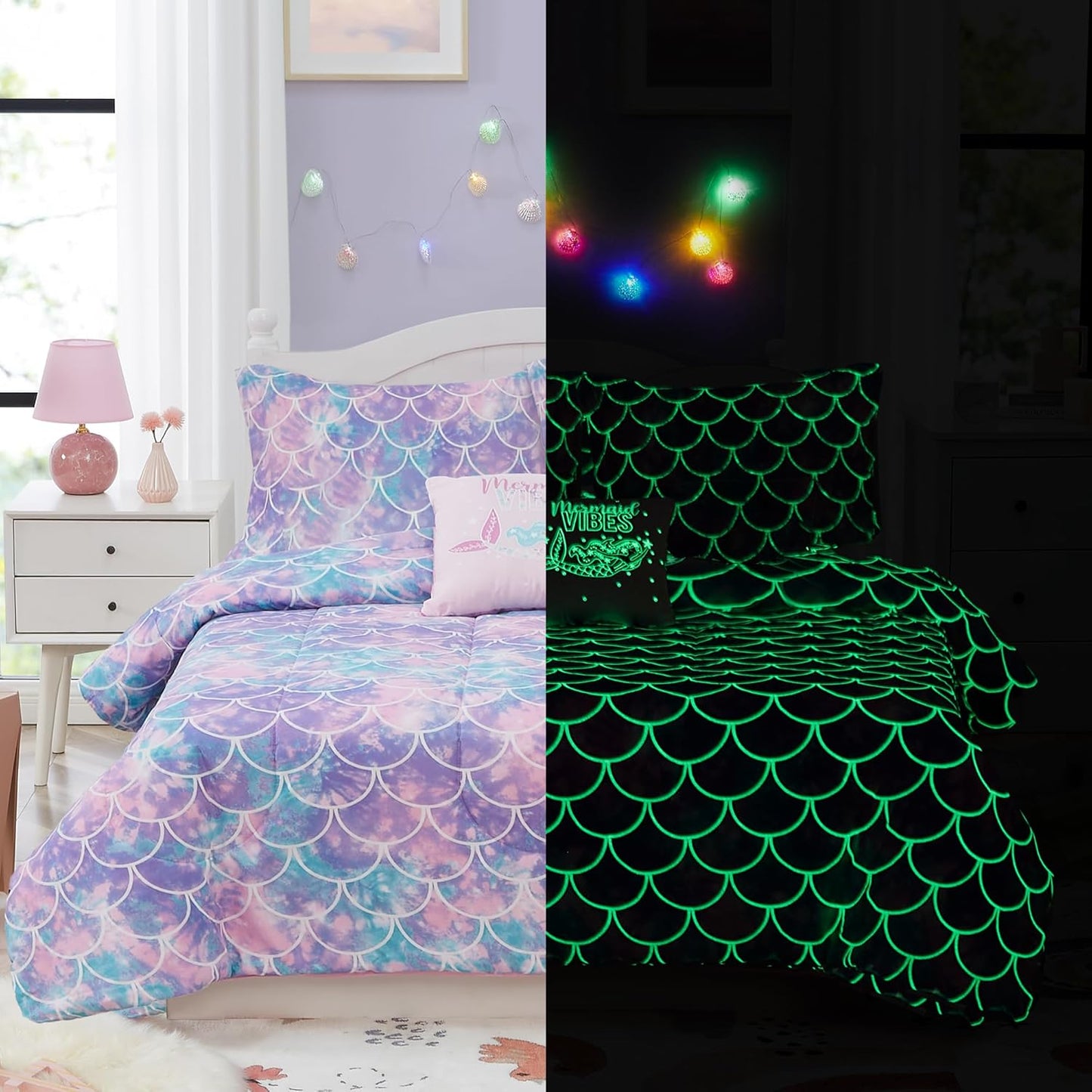 Kids Comforter Set Full Size for Girls, Glow in The Dark Mermaid Bedding Set 1 Comforter, 1 Decor Pillow, 2 Pillow Shams