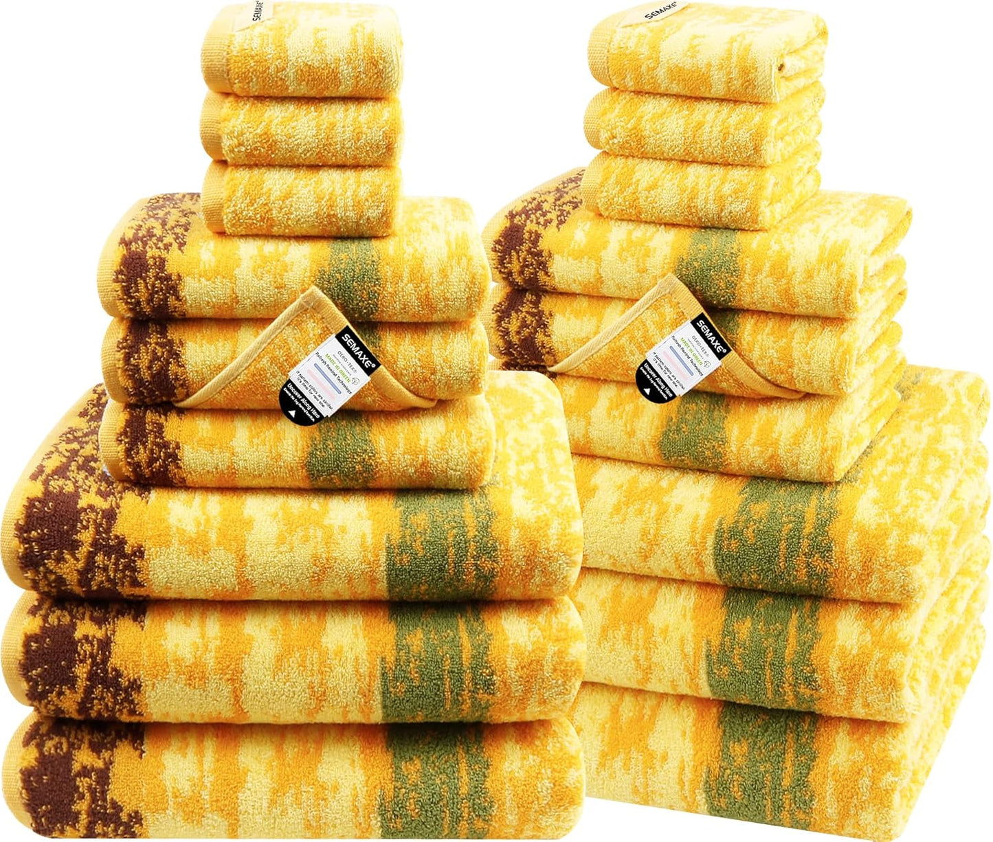 SEMAXE 18-Pack Bath Towel Set Include 6 Bath Towels, 6 Hand Towels, 6 Wash Cloths, 100% Cotton Bathroom Towels with Hanging Loops, Soft & Absorbent Towel, Colorful Towel - Wheat Field Collection