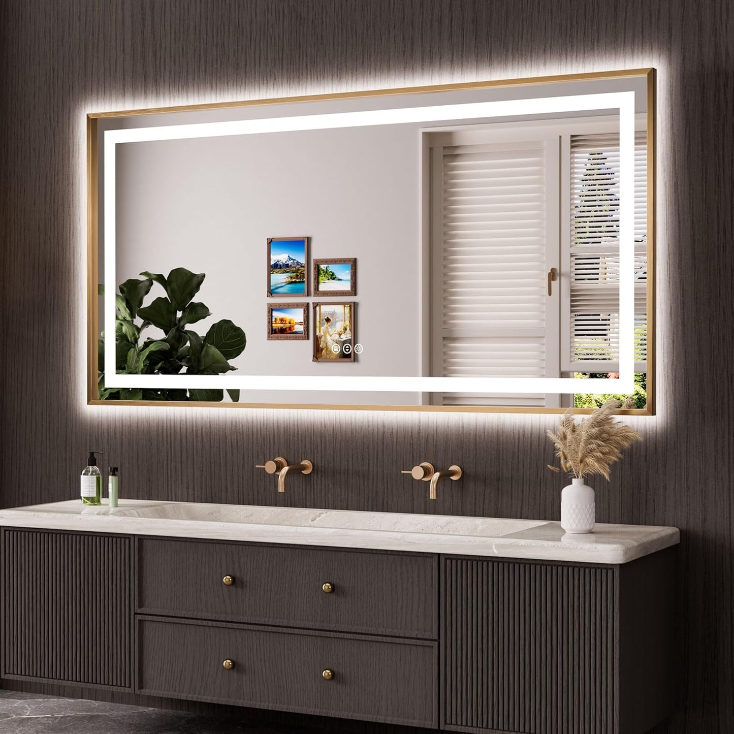 Amorho 72"x 36" Gold LED Bathroom Mirror, Metal Framed Mirror with Front Light and Backlit, Stepless Dimmable, Anti-Fog, Shatter-Proof, Memory, 3 Colors