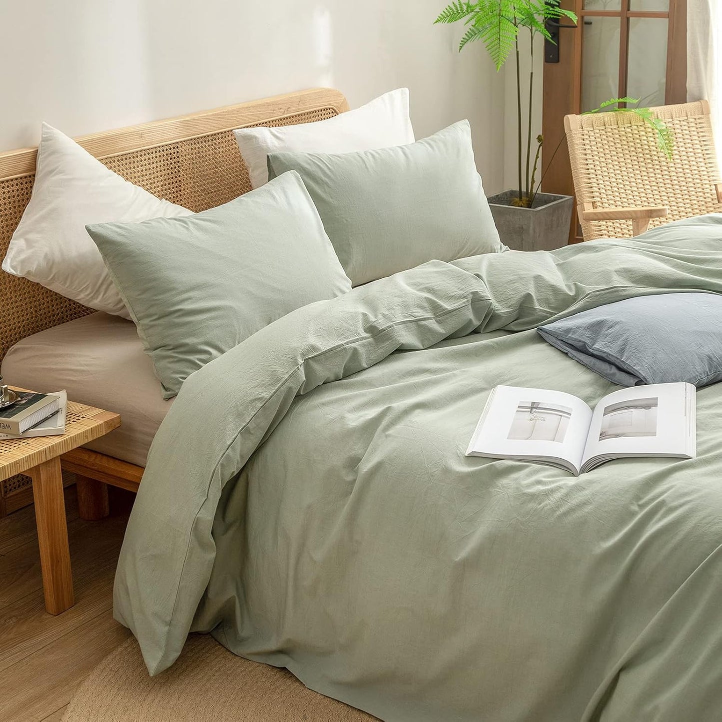 BESTOUCH Duvet Cover Set 100% Washed Cotton Linen Feel Super Soft Comfortable Chic Lightweight 2 PCs Home Bedding Set Solid Sage Green Twin/Twin XL