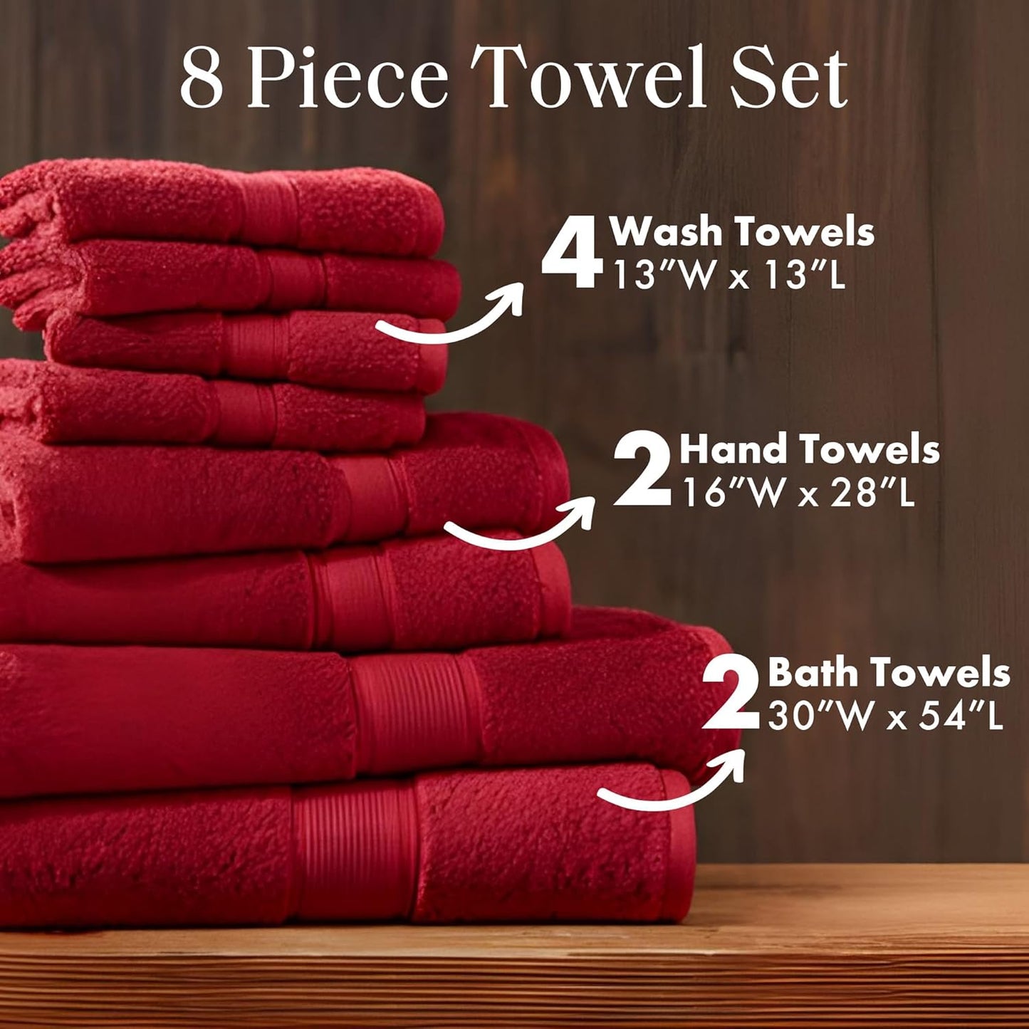 Madison Park 800GSM Bathroom Towel Set of 8 100% Cotton Bath Towel Set for Bathroom Luxurious Highly Absorbent 2 Bath Towels 2 Hand Towels 4 Washcloths Quick Dry Spa Quality Bright Red