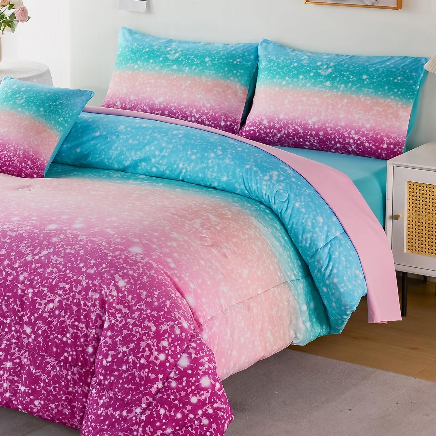 URBONUR Full Size Comforter Set for Girls Glitter 6 Pieces Bed in A Bag Comforter Set with Sheets Ombre Rainbow Bedding Set Kids Teen Girls Bed Set for Full Bed