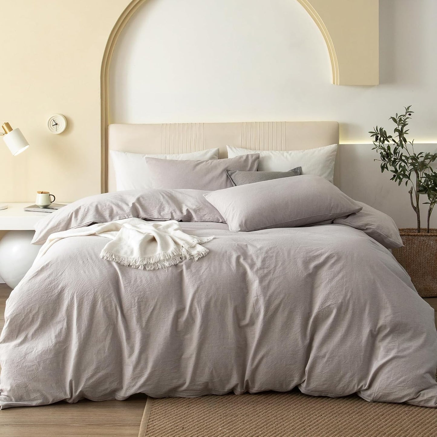 JIYUAN 100% Washed Cotton Duvet Cover Set 3 Pieces Cal King, 1 Duvet Cover 104x98 Inches(Comforter Not Included) and 2 Pillowcases,Linen Feel Bedding Set Comfy and Breathable, Heathered Linen