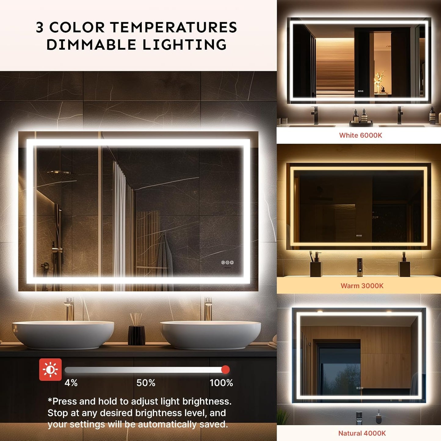 32x40'' LED Bathroom Mirror with Light, Frameless, Dimmable Front & Backlit, Anti-Fog, Distortion Free, Light Memory, Tempered and Shatter-Proof Wall Mounted Vanity Silver Coating Mirror