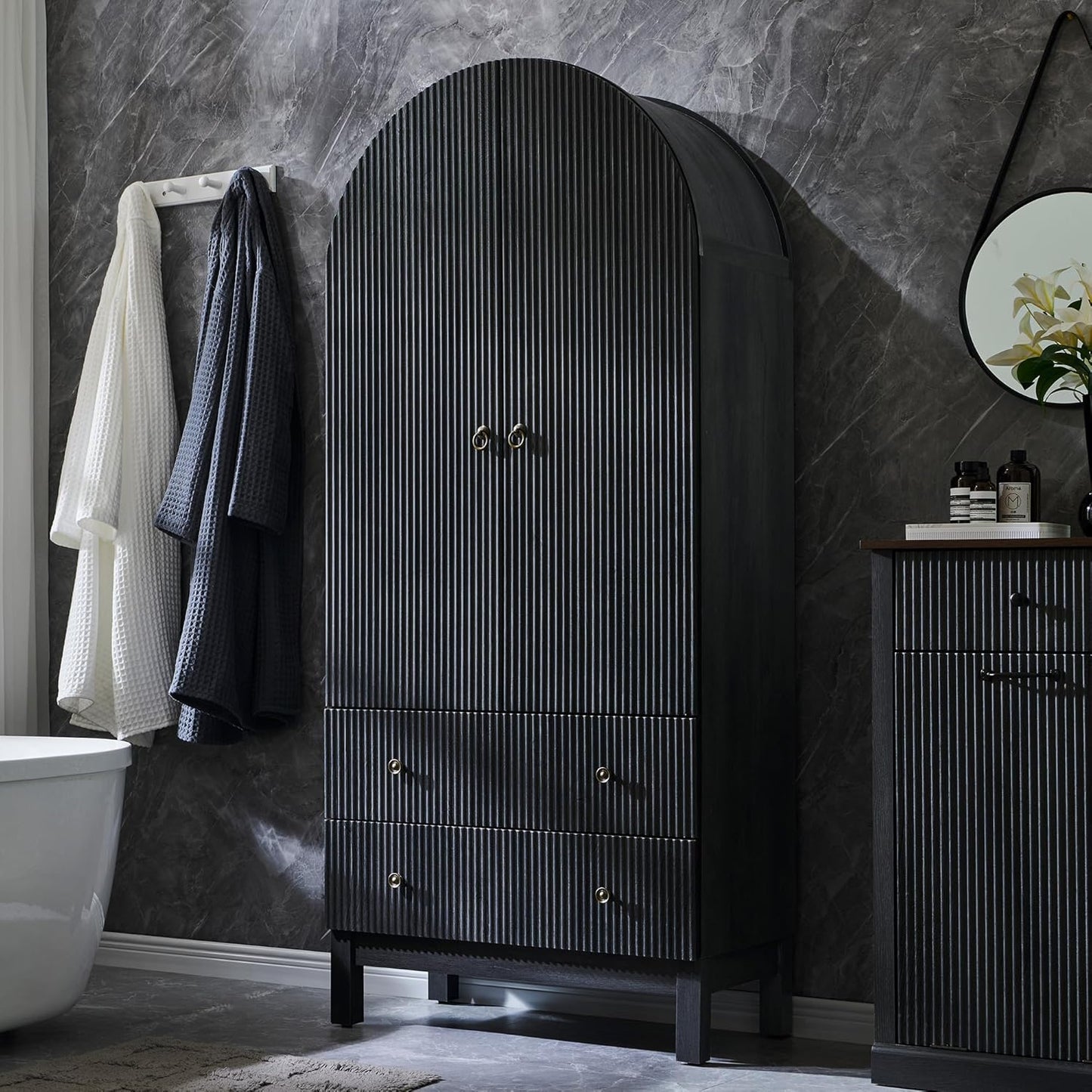 71" Tall Arched Bathroom Storage Cabinet, Modern Fluted Cabinet Storage with 4 Shlves and 2 Drawers, Floor Cabinet for Bathroom, Living Room, Kitchen, Dark Gray