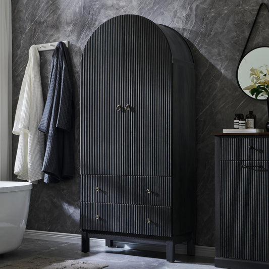 71" Tall Arched Bathroom Storage Cabinet, Modern Fluted Cabinet Storage with 4 Shlves and 2 Drawers, Floor Cabinet for Bathroom, Living Room, Kitchen, Dark Gray