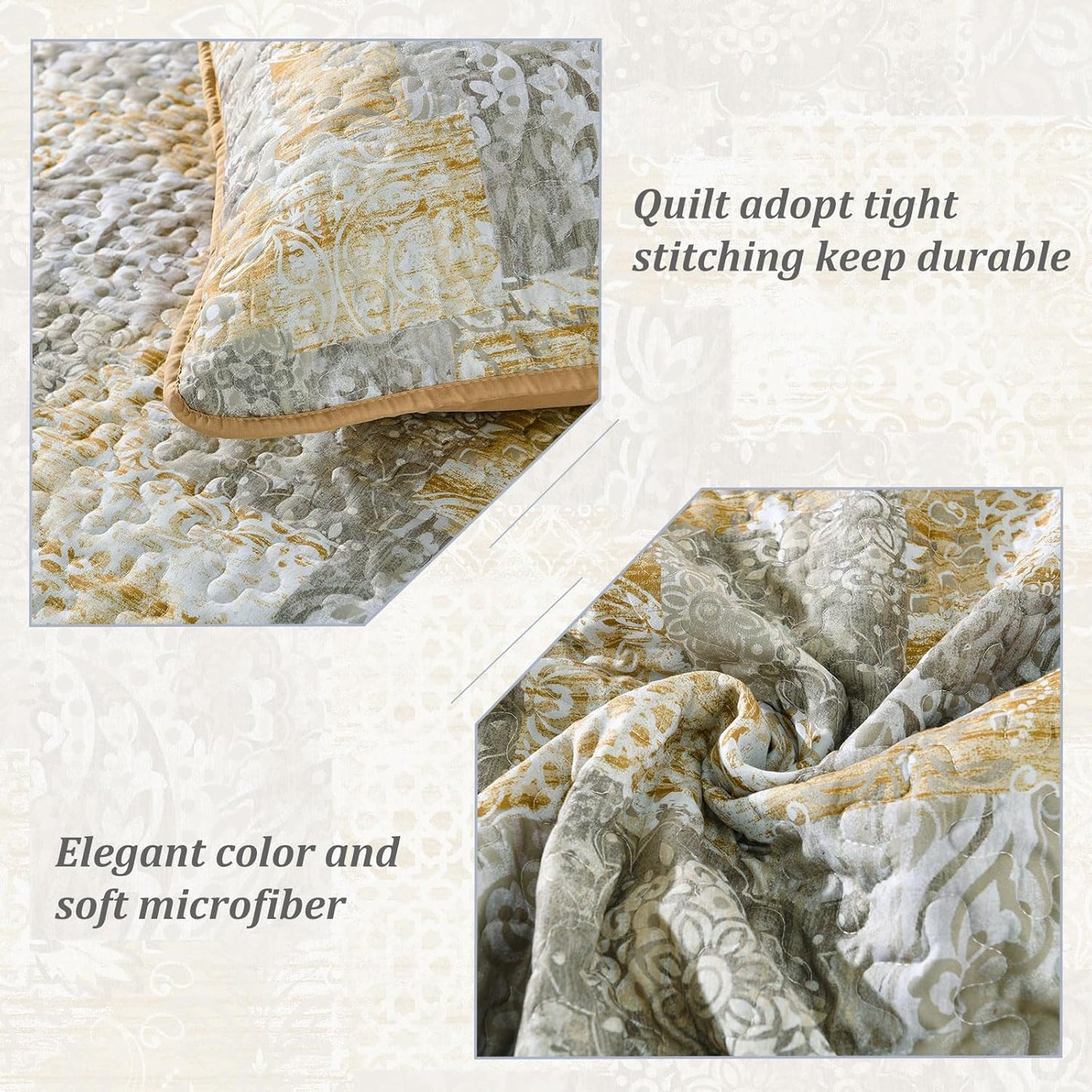Mybedsoul Yellow Boho Quilt Set King Size 3 Pieces Grey and Yellow Plaid Floral Bedding Set Microfiber Lightweight Bohemian Patchwork Bedspread Coverlet Set for All Season 90"x104"