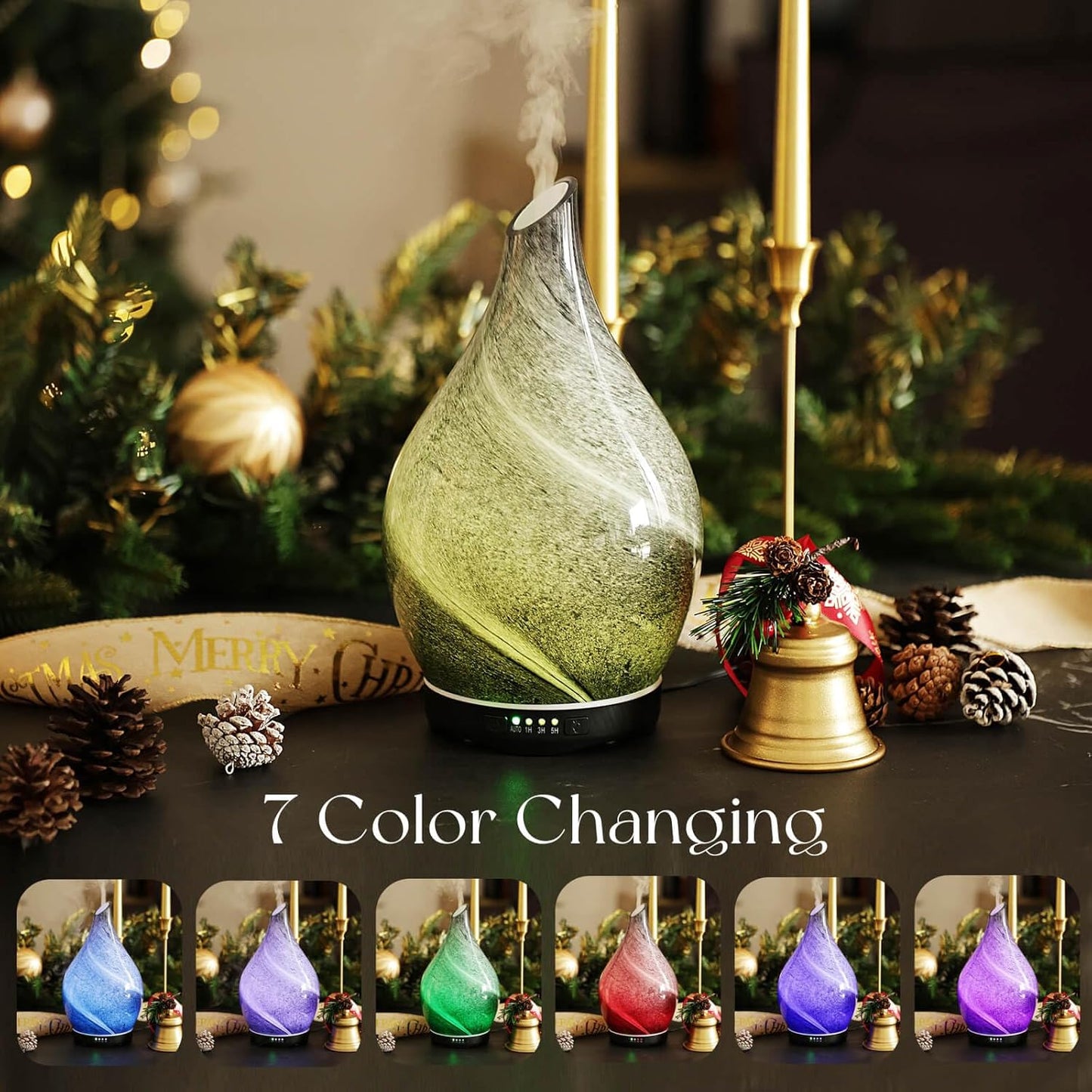 Porseme 280ml Essential Oil Diffuser Glass Color Changing Aroma Air Diffusers Aromatherapy Ultrasonic Cool Mist Humidifier 7 Running Hours Waterless Auto-Off for Sleeping, Yoga, Office, Spa (Obsidian)