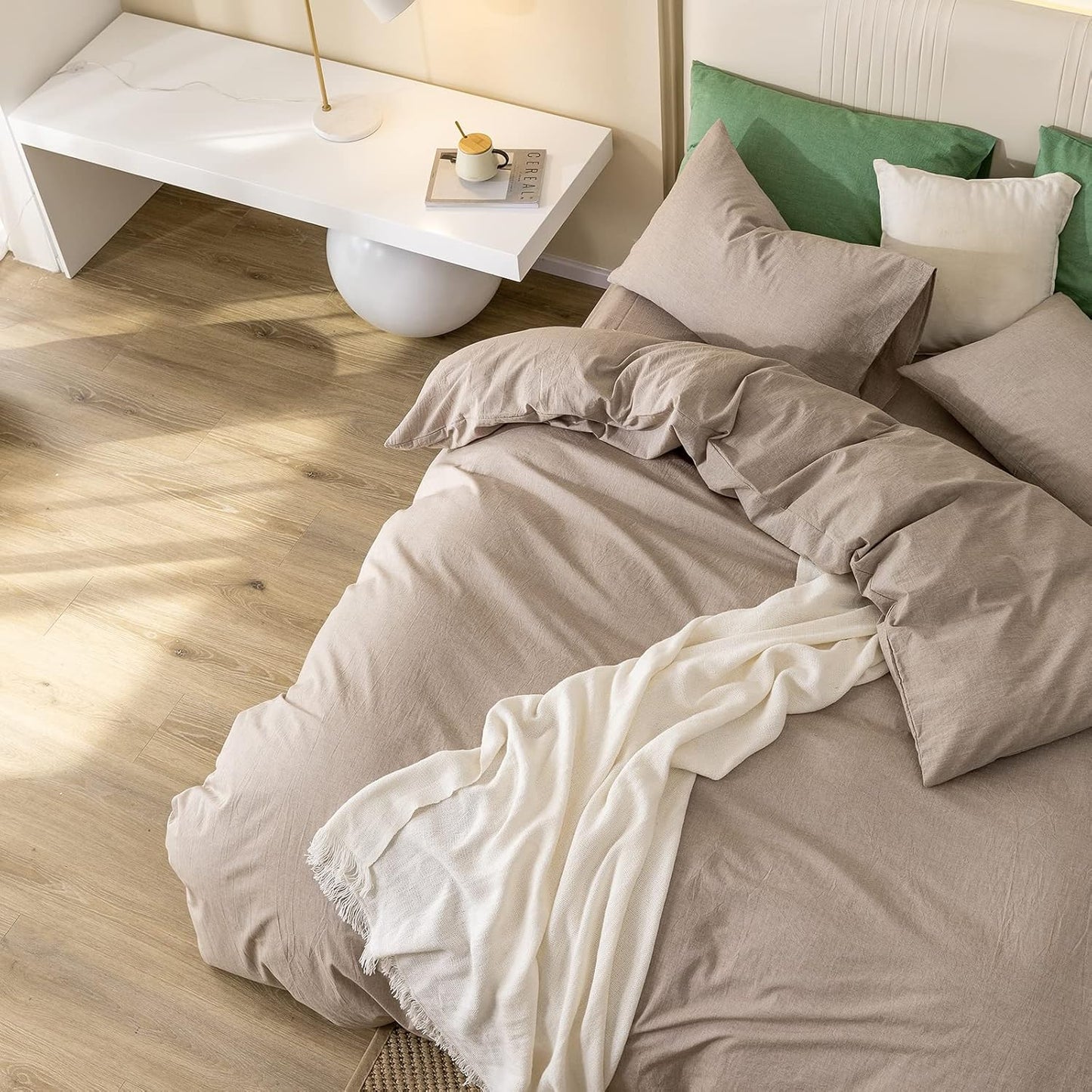 JIYUAN 100% Washed Cotton Duvet Cover Set Comfy Simple Style Soft Breathable Textured Durable Linen Feel Bedding for All Seasons King, Taupey