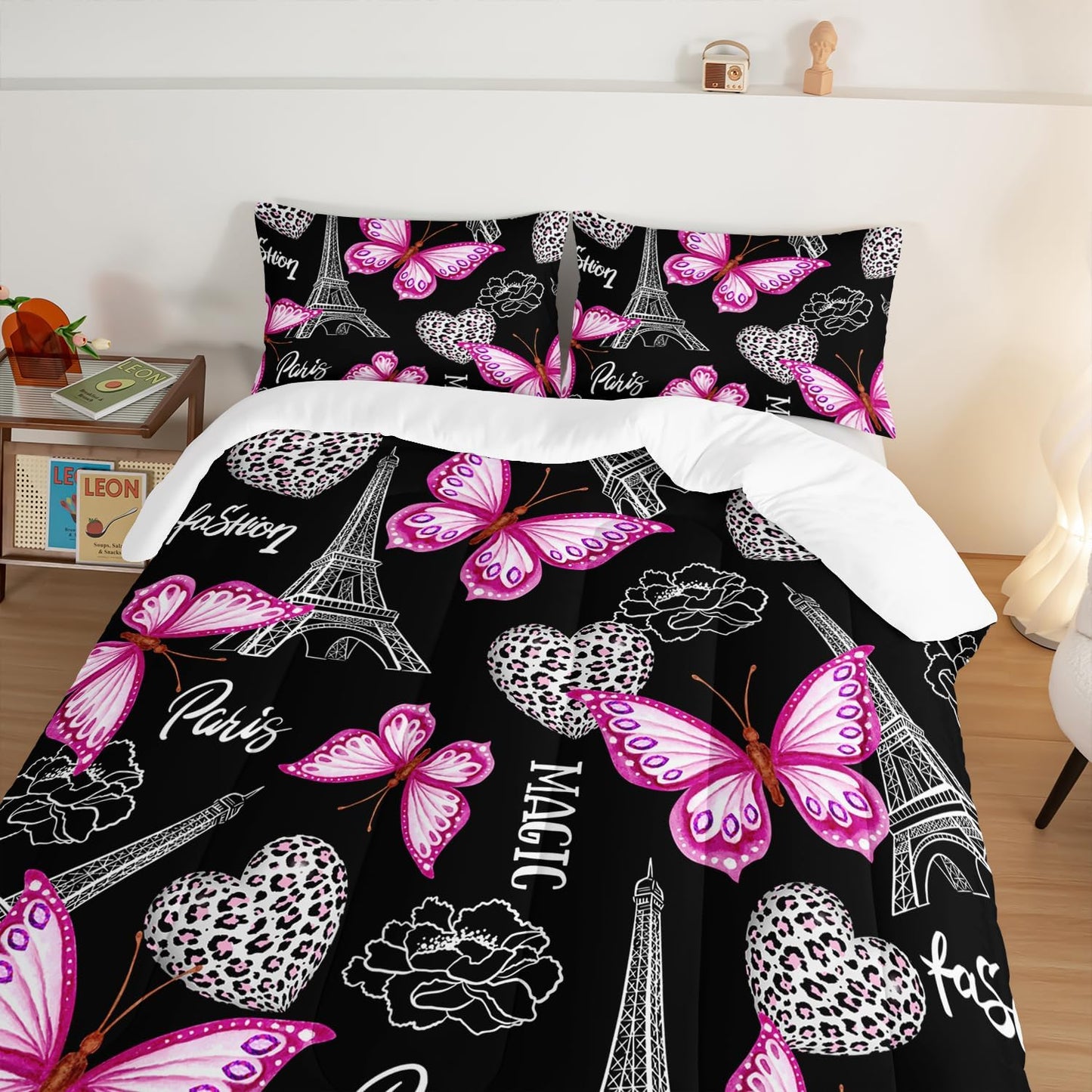 Pink Butterfly Comforter Twin Bedding Sets for Girls, Eiffel Tower Leopard Heart Pattern Bedding Sets with 2 Pillowcases,Aesthetic Bedding for Women Girls Bedroom Paris Decor.