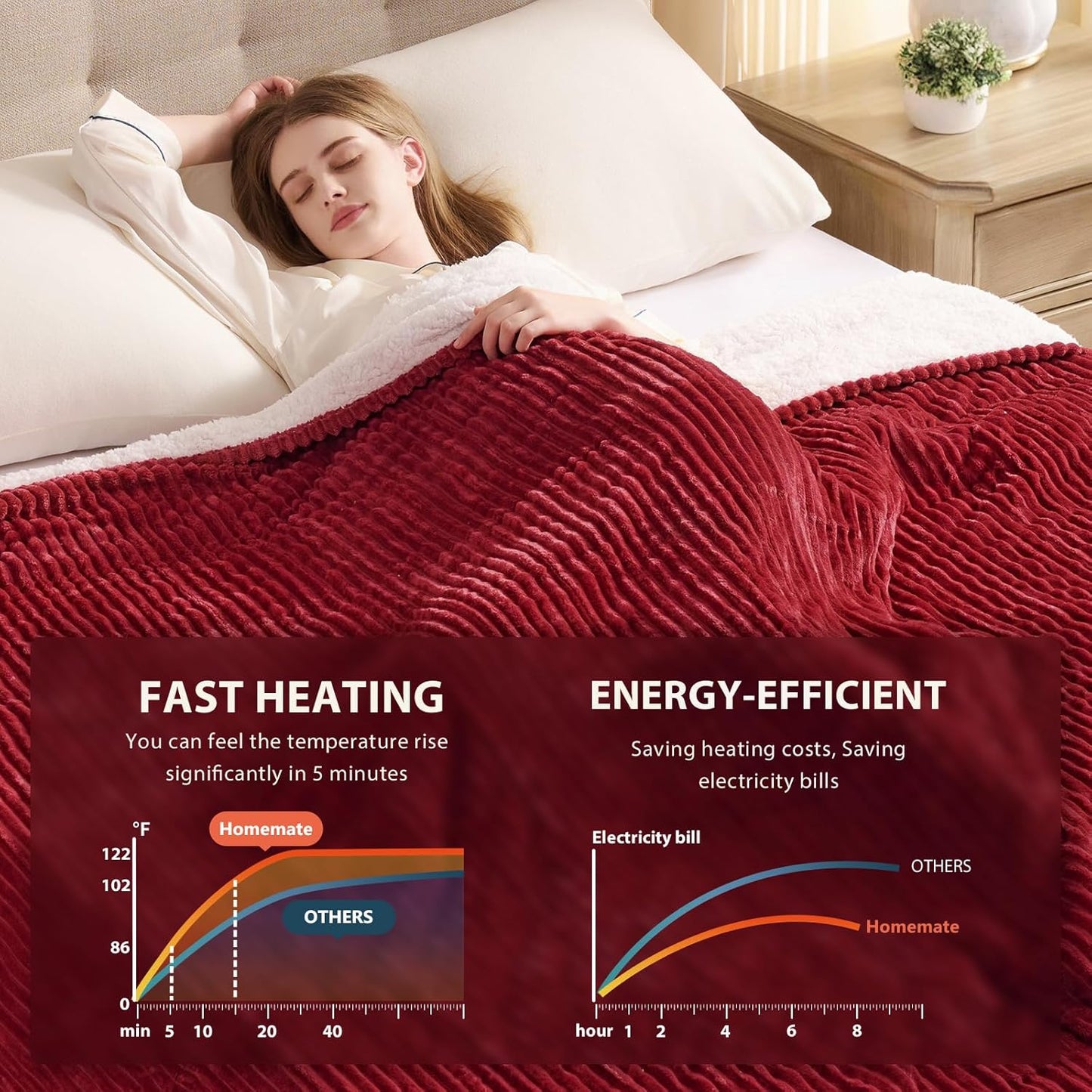 Homemate Electric Blanket King Size- 100"x90" Heated Blanket King Size 1/2/4/6/8 Hours Auto-Off 10 Heat Levels Over-Heat Protection Soft Flannel Sherpa ETL Certification