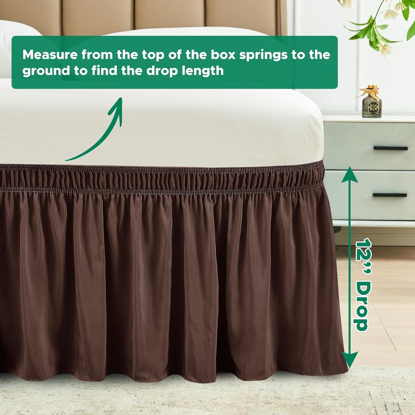 Biscaynebay Wrap Around Bed Skirts for Twin & Twin XL Beds Short Drop of 12", Brown Adjustable Elastic Dust Ruffles Easy Fit Wrinkle Resistant Silky Luxurious Fabric Machine Washable