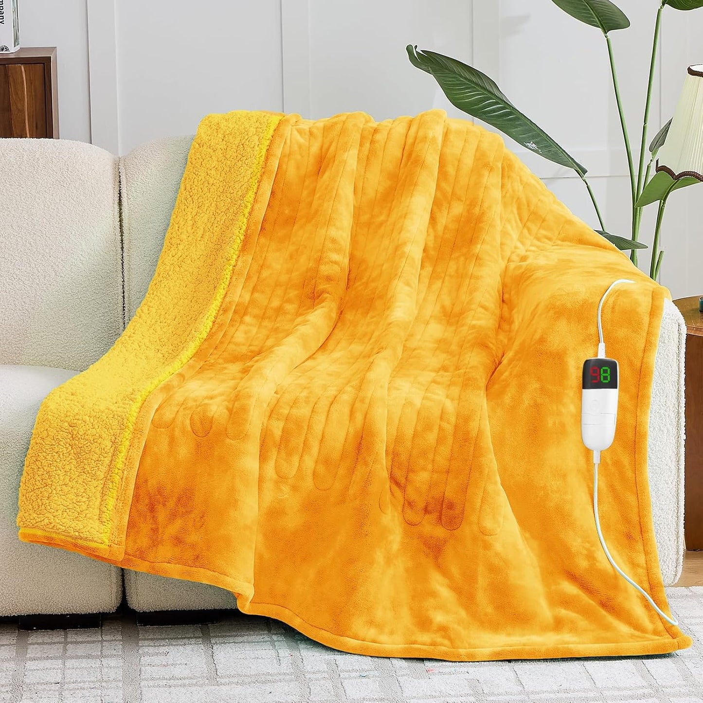 greenoak Heated Electric Blanket Throw, Faux Fur Sherpa Heating Blanket for Sofa Bed, Warm Winter Gifts for Women/Adults, Heater Lap Blankets 5-Position Timer &10 Heating Levels 50''*60" Golden