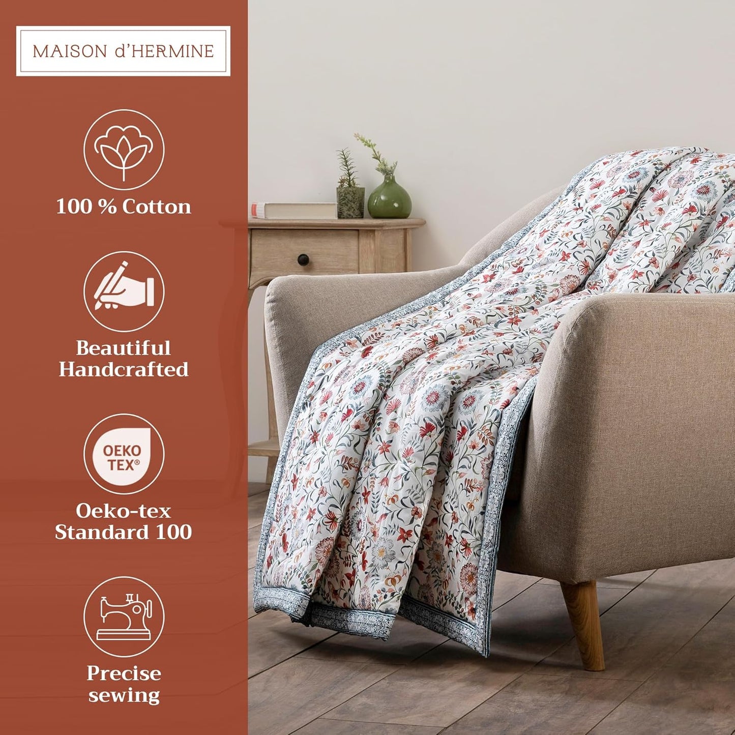 Maison d' Hermine Throw Blanket for Couch Lightweight Soft Warm Breathable Cotton Throw Blankets for Bed Girls Boys Women Men Gifts Sofa Travel Living Room Chair Bedding (50"x60", Nellore)