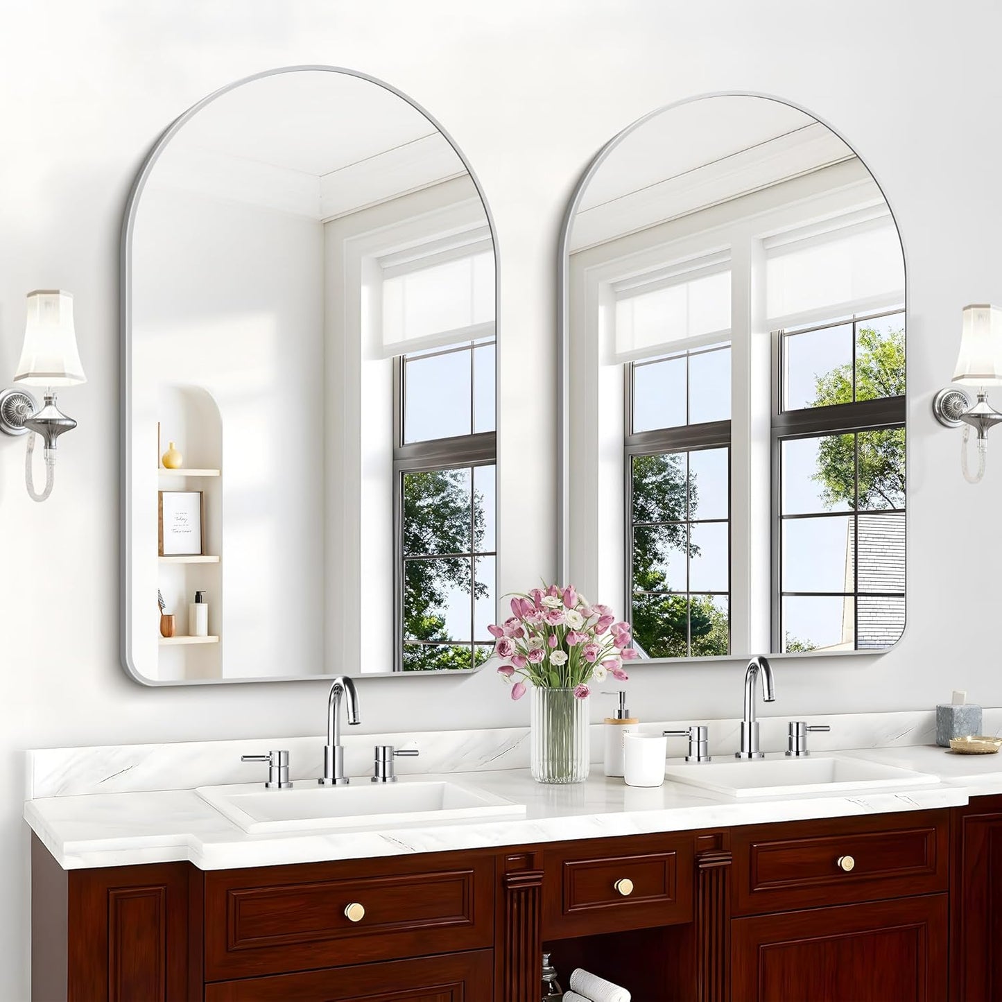 Arched Bathroom Mirror, 30"x48" Silver Arched Mirror for Bathroom, Wall Mounted Mirror, Silver Vanity Wall Mirror w/Metal Frame for Bedroom, Entryway, Living Room, Hanging or Leaning Against