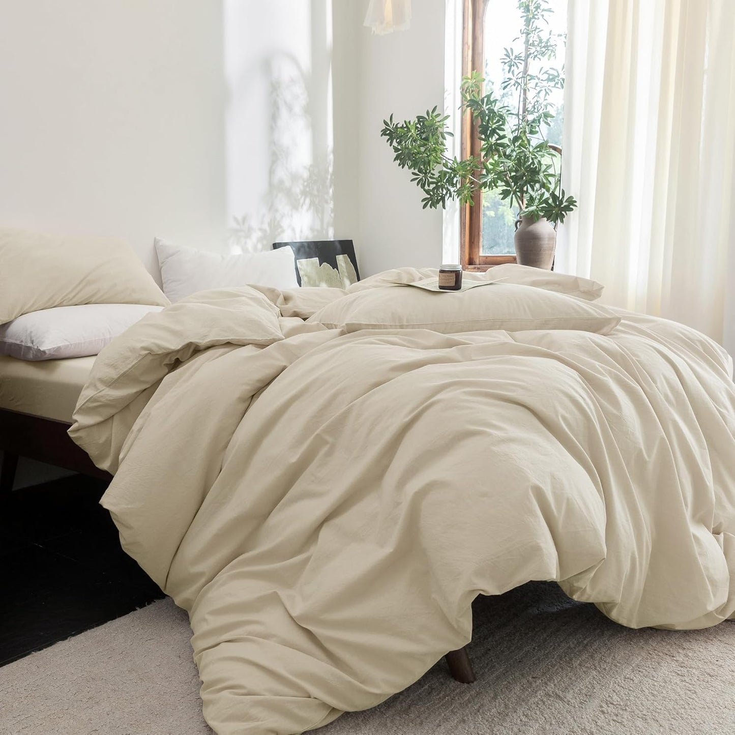 FOSSA Duvet Cover Set 100% Washed Cotton Linen Feel Super Soft Breathable Cozy 3 Pieces Bedding Sets Solid Almond Grey Oversized King Plus