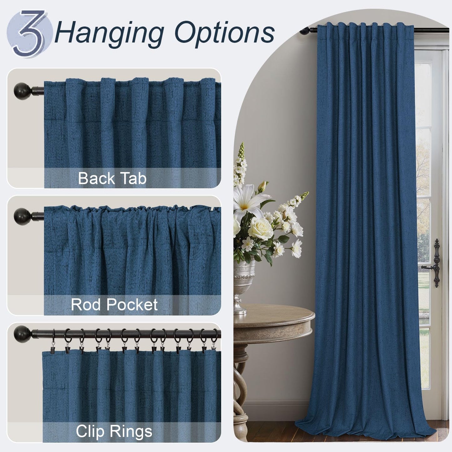 Navy Blue Black Out Curtains 96 Inches Long 2 Panels Linen Textured Blackout Window Treatment Drapes Living Room Darkening Thermal Patio Sliding Glass Door Curtains for Bedroom Dark Indigo 96 Length